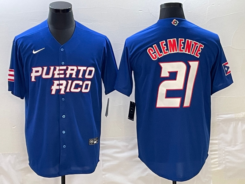 Men's 2023 World Baseball Classic #21 Roberto Clemente Puerto Rico Blue Jerseys