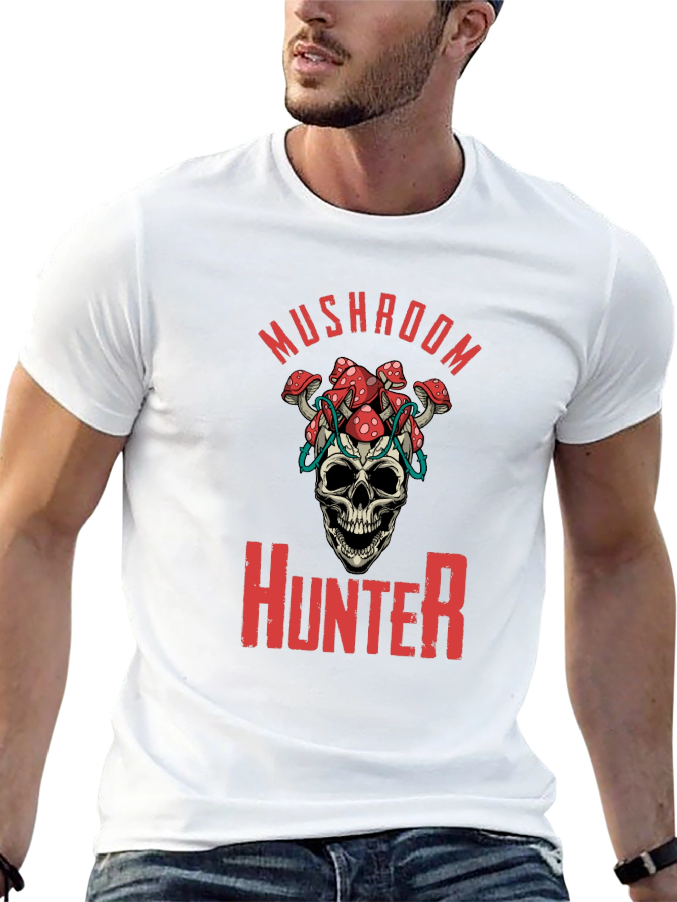 Mushroom Hunter Graphic Tee - Skull & Fungi Design