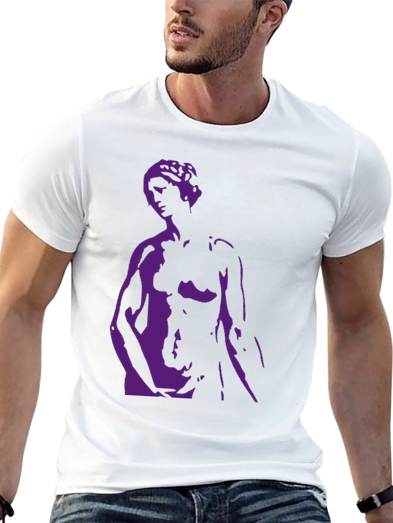Black T-Shirt with Purple Statue Graphic