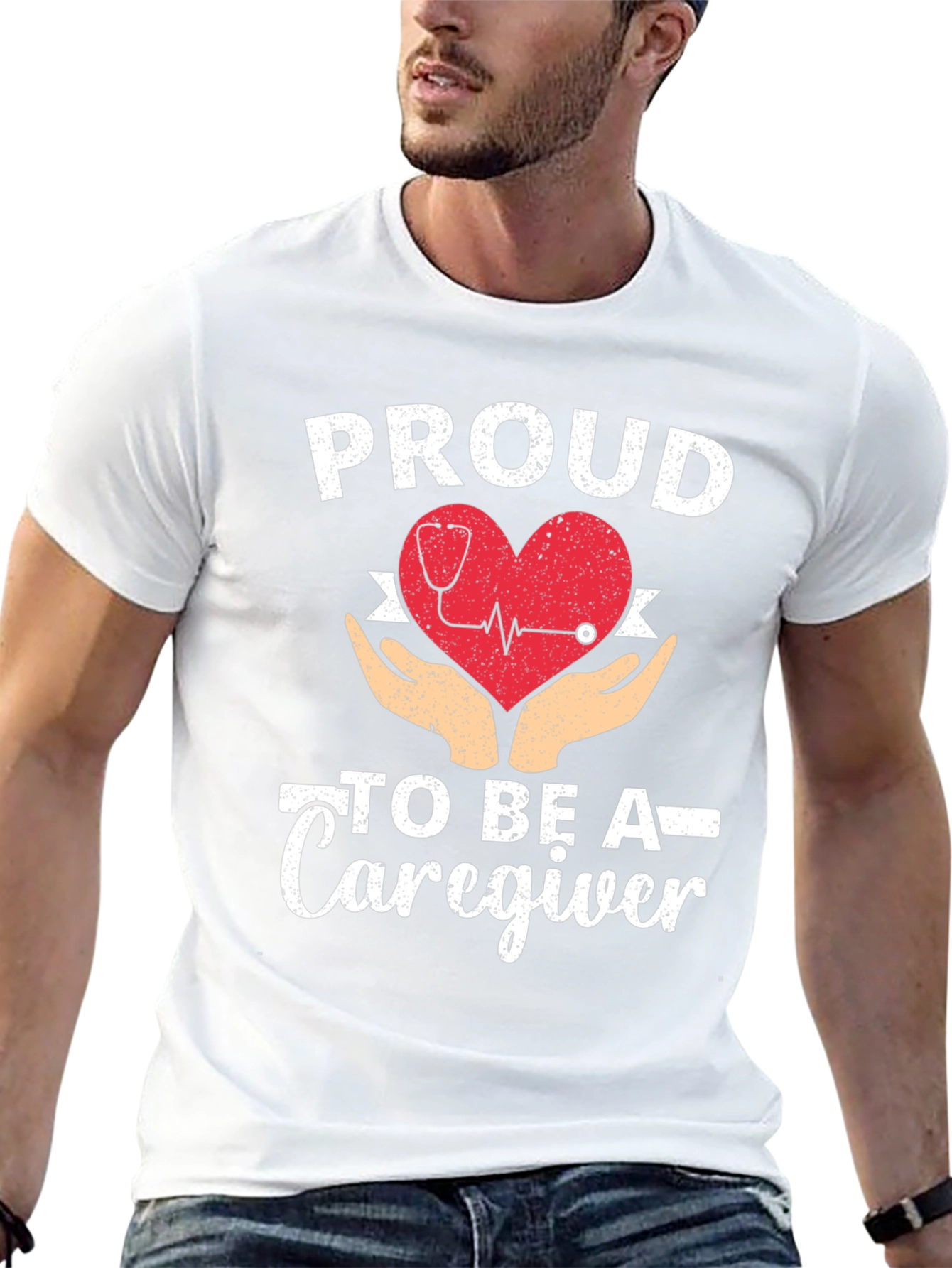 Proud Caregiver T-Shirt - Heart & Hands Design
