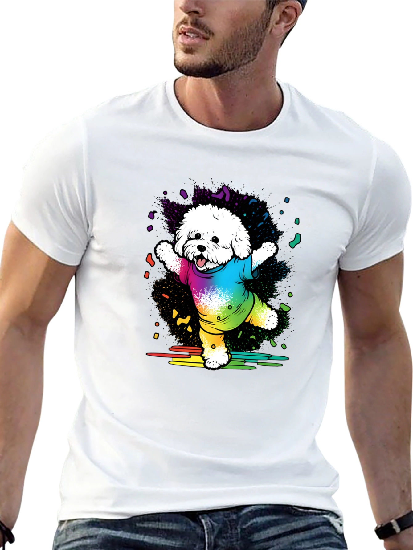 Rainbow Dog T-Shirt Cotton Blend Casual Wear