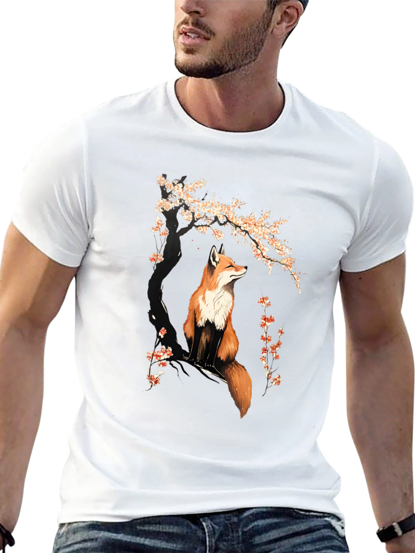 Fox & Cherry Blossom Graphic T-Shirt - Black