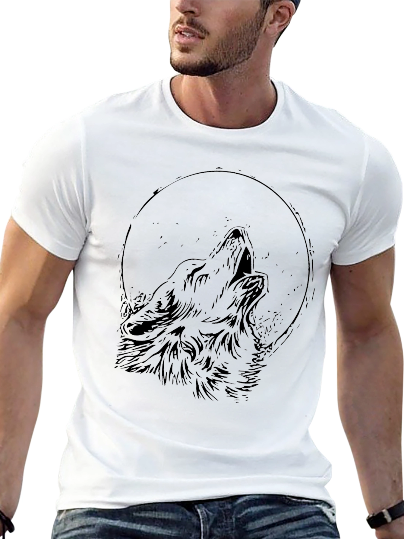 Wolf Howling Moon Graphic Black T-Shirt
