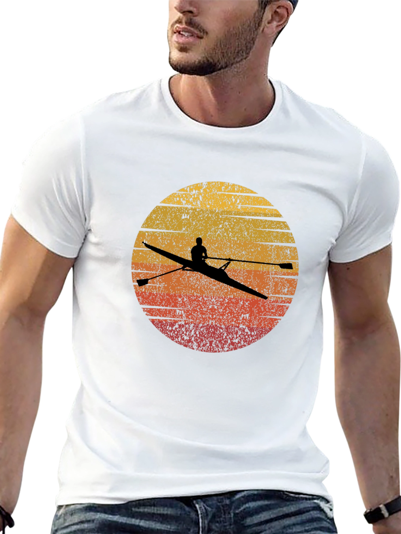 Rowing Silhouette Graphic Tee - Retro Sunset Design