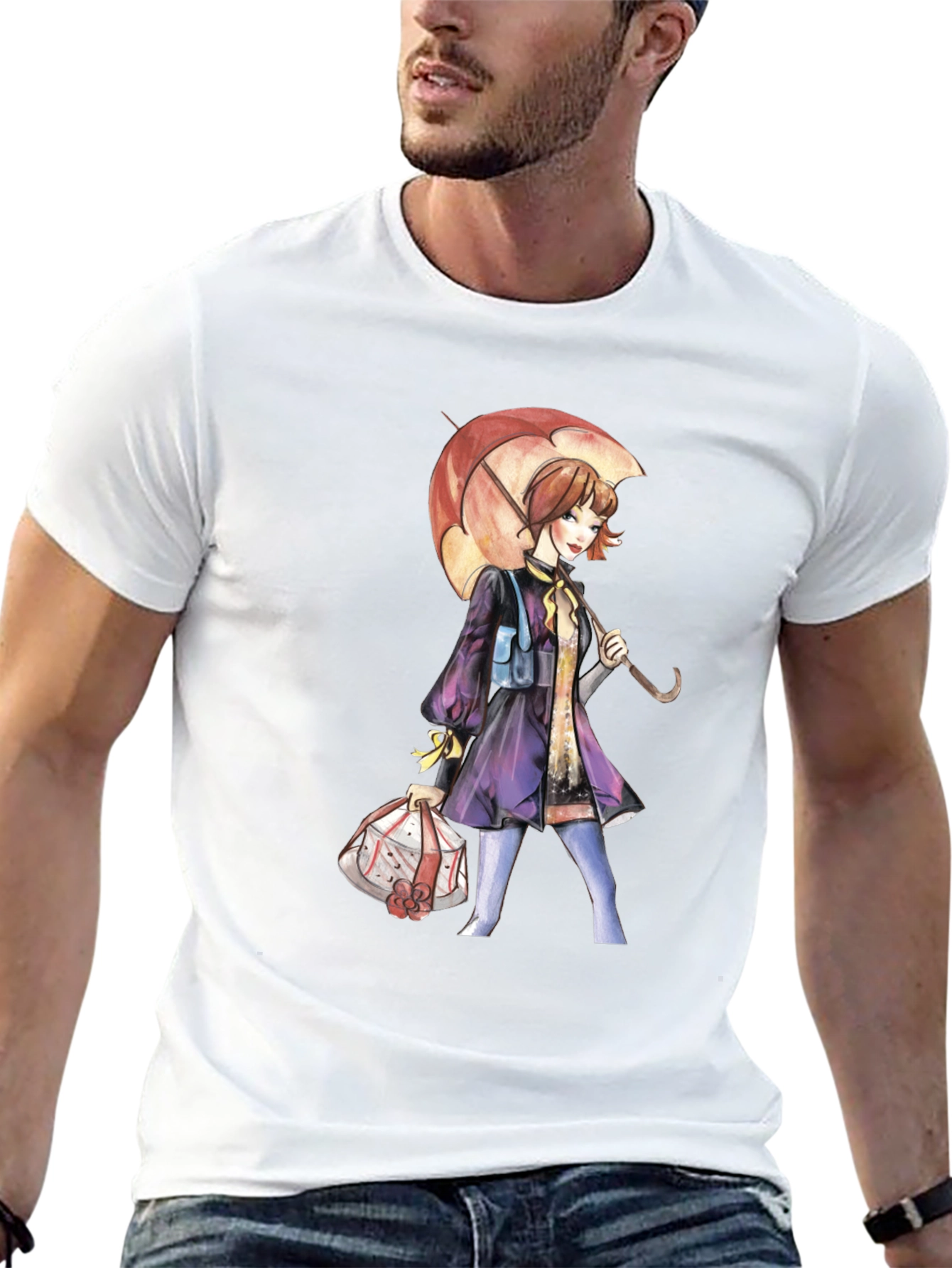 Artistic Woman with Umbrella Graphic Tee - Black