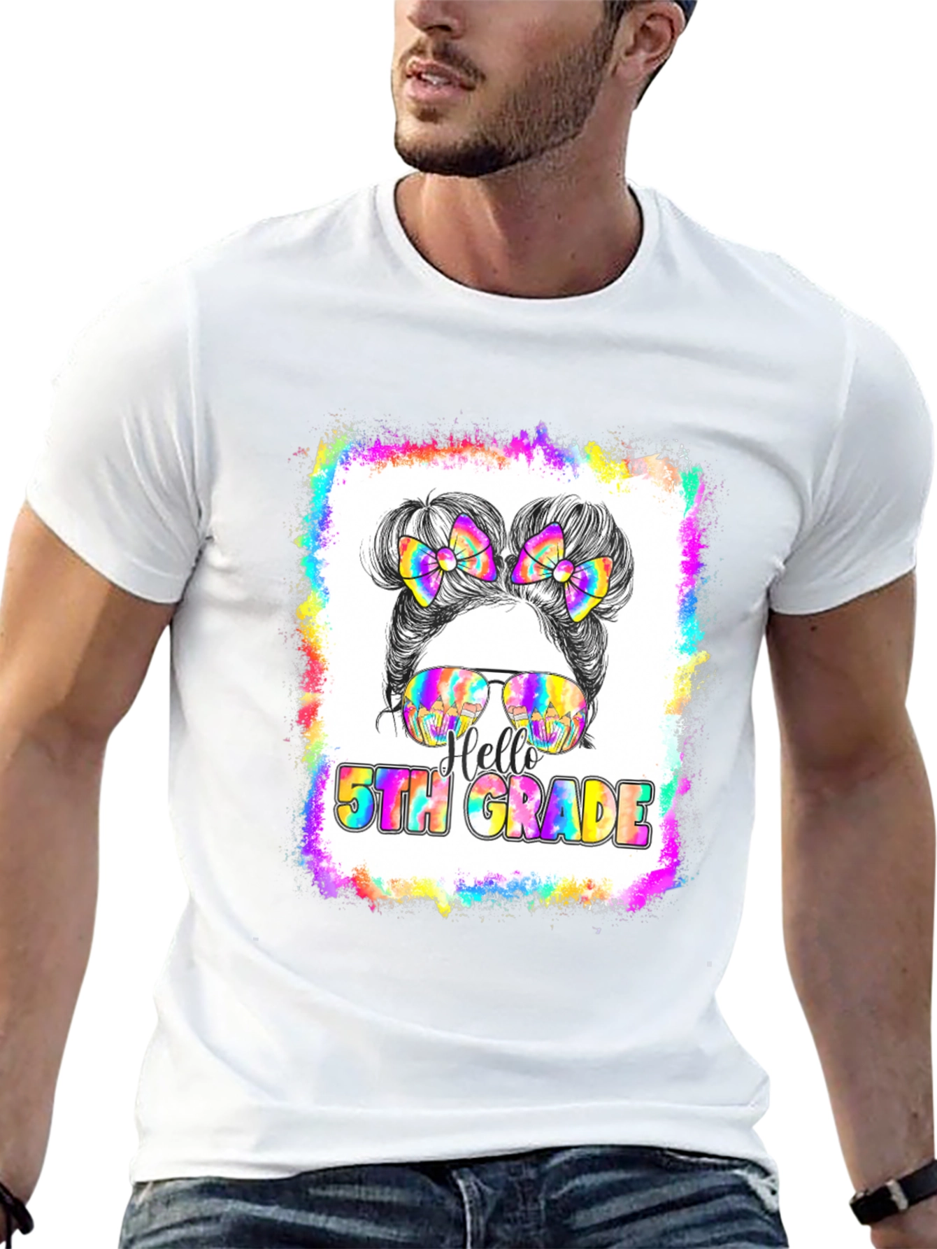 Hello 5th Grade Messy Bun Tie Dye T-Shirt