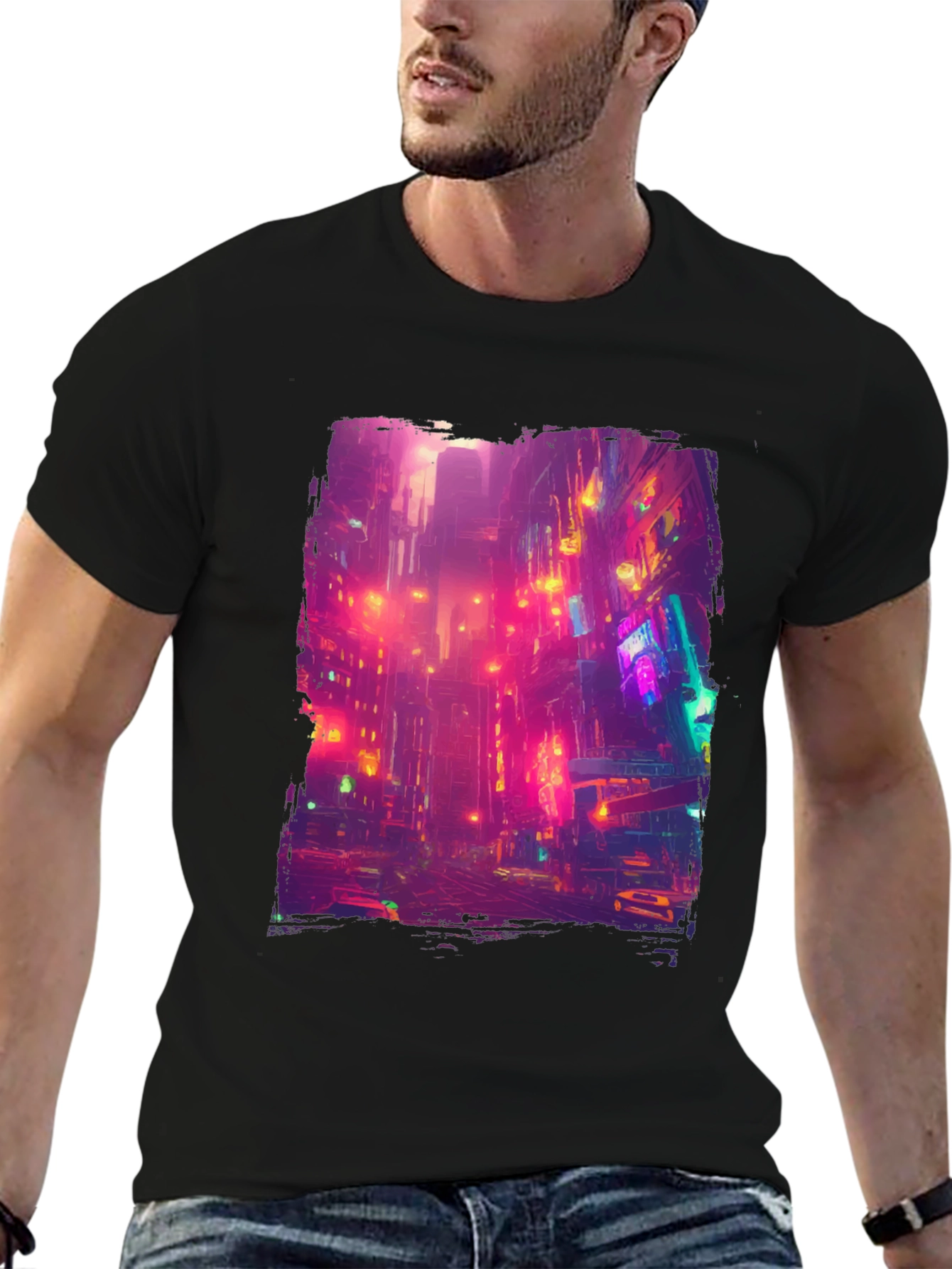 Neon Cityscape Black Graphic Tee
