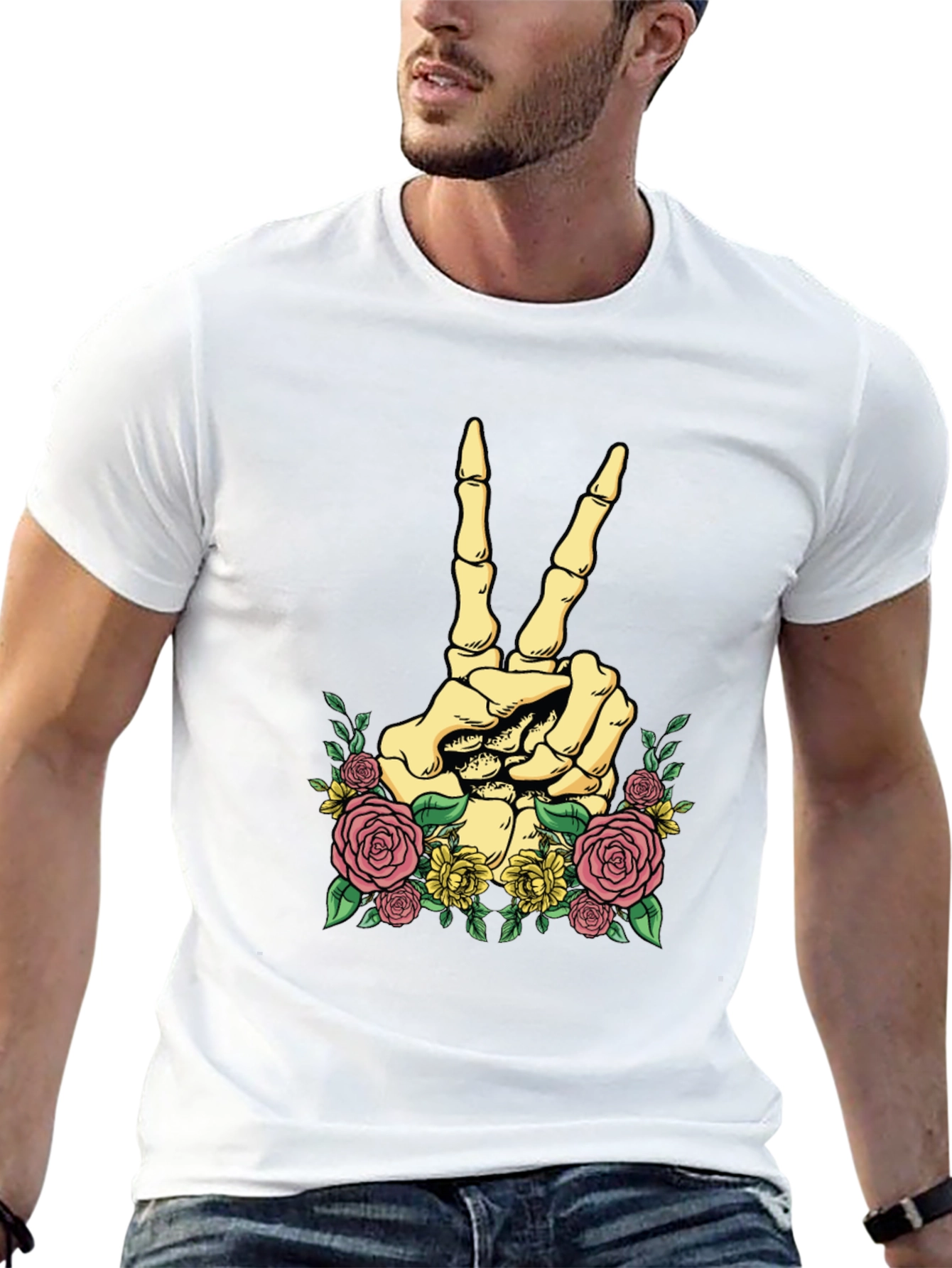Floral Skeleton Peace Sign Graphic T-Shirt