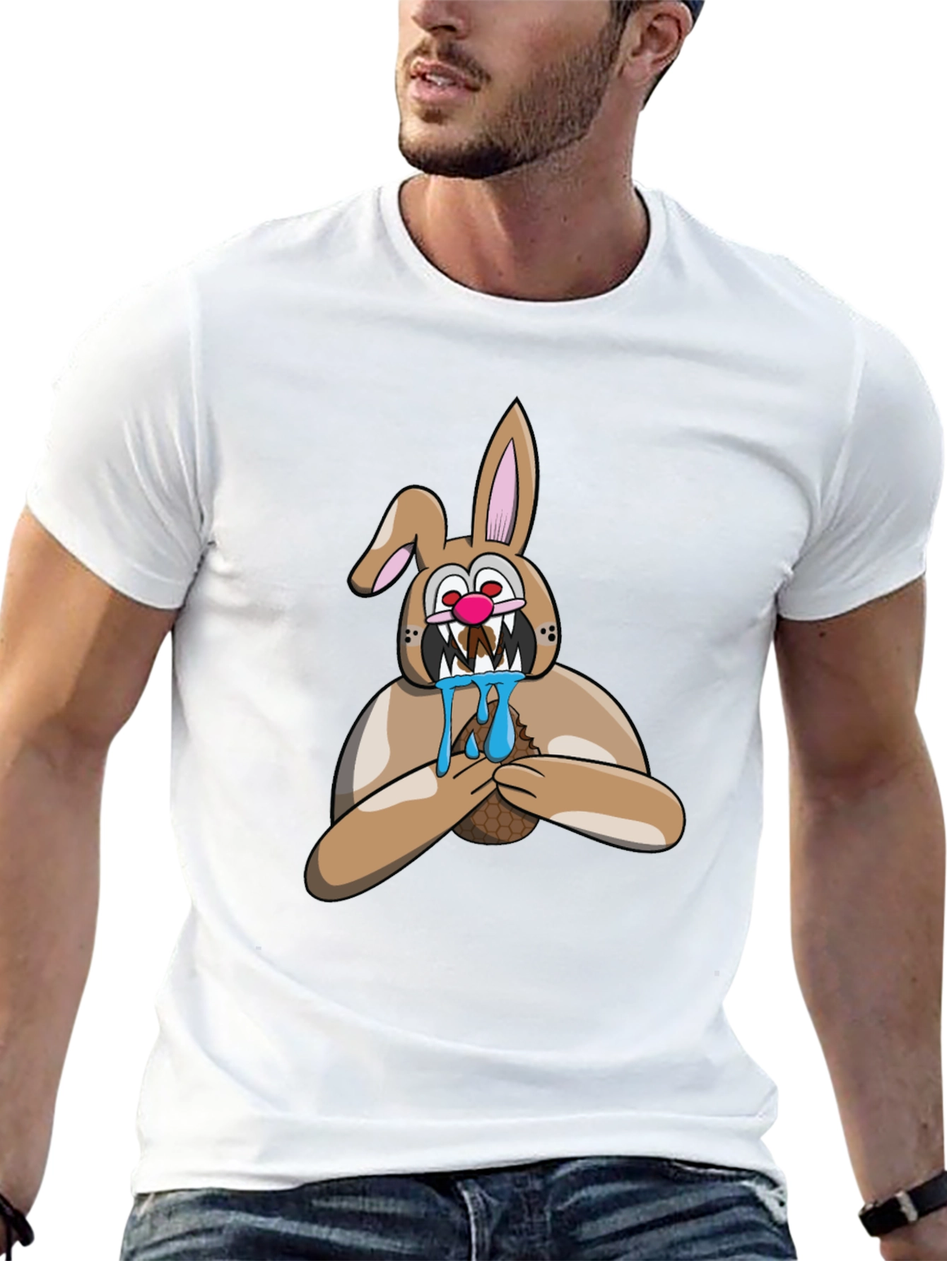 Mens Black T-Shirt with Cartoon Bunny Graphic
