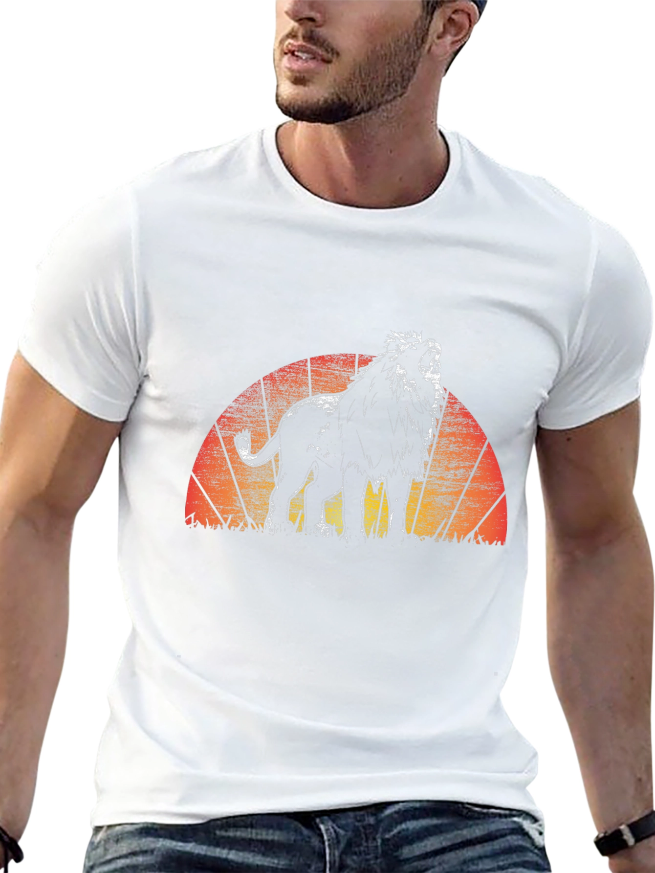 Lion Sunset Graphic Tee - Black Crew Neck T-Shirt