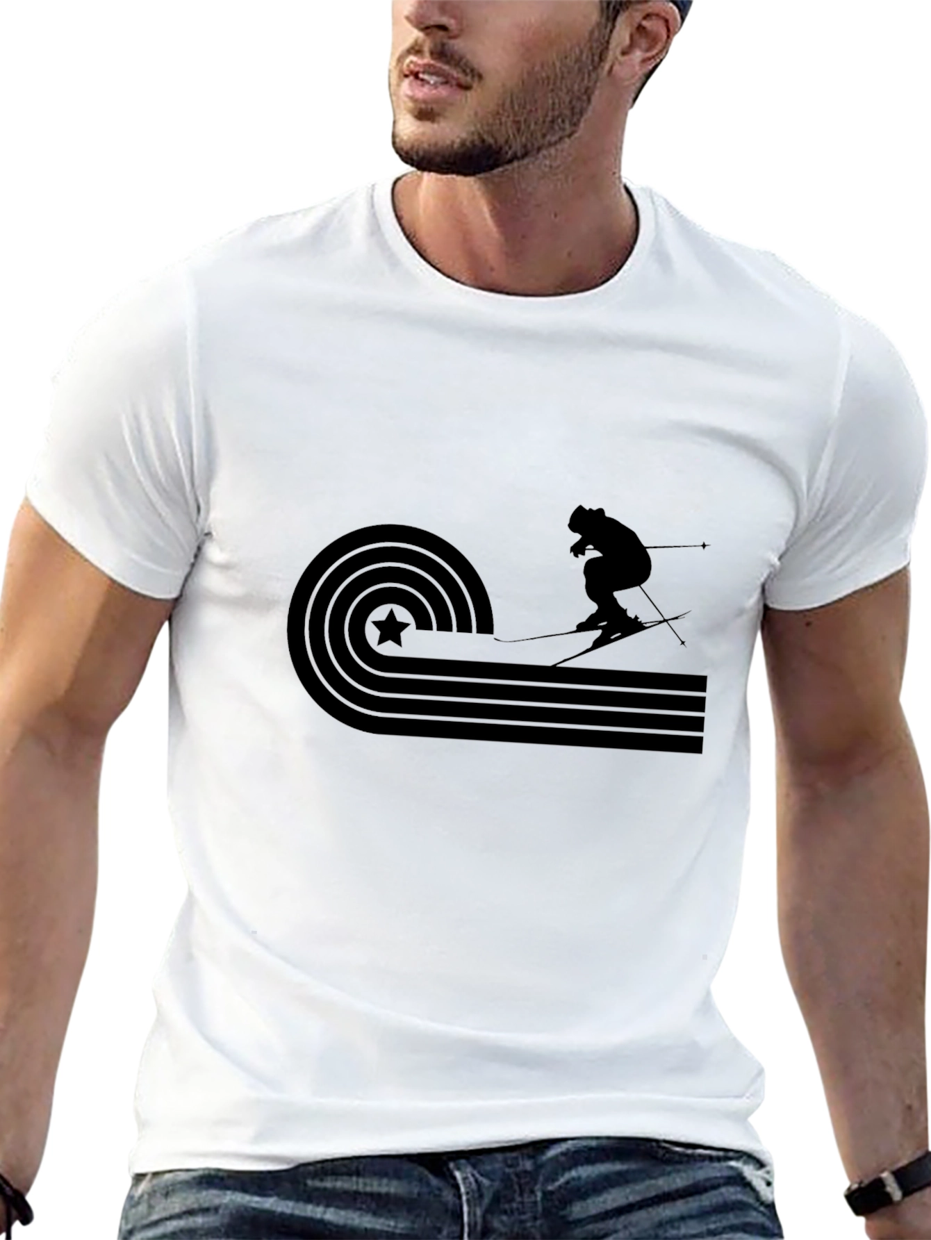 Retro Skiing Graphic Tee - Black Cotton T-Shirt