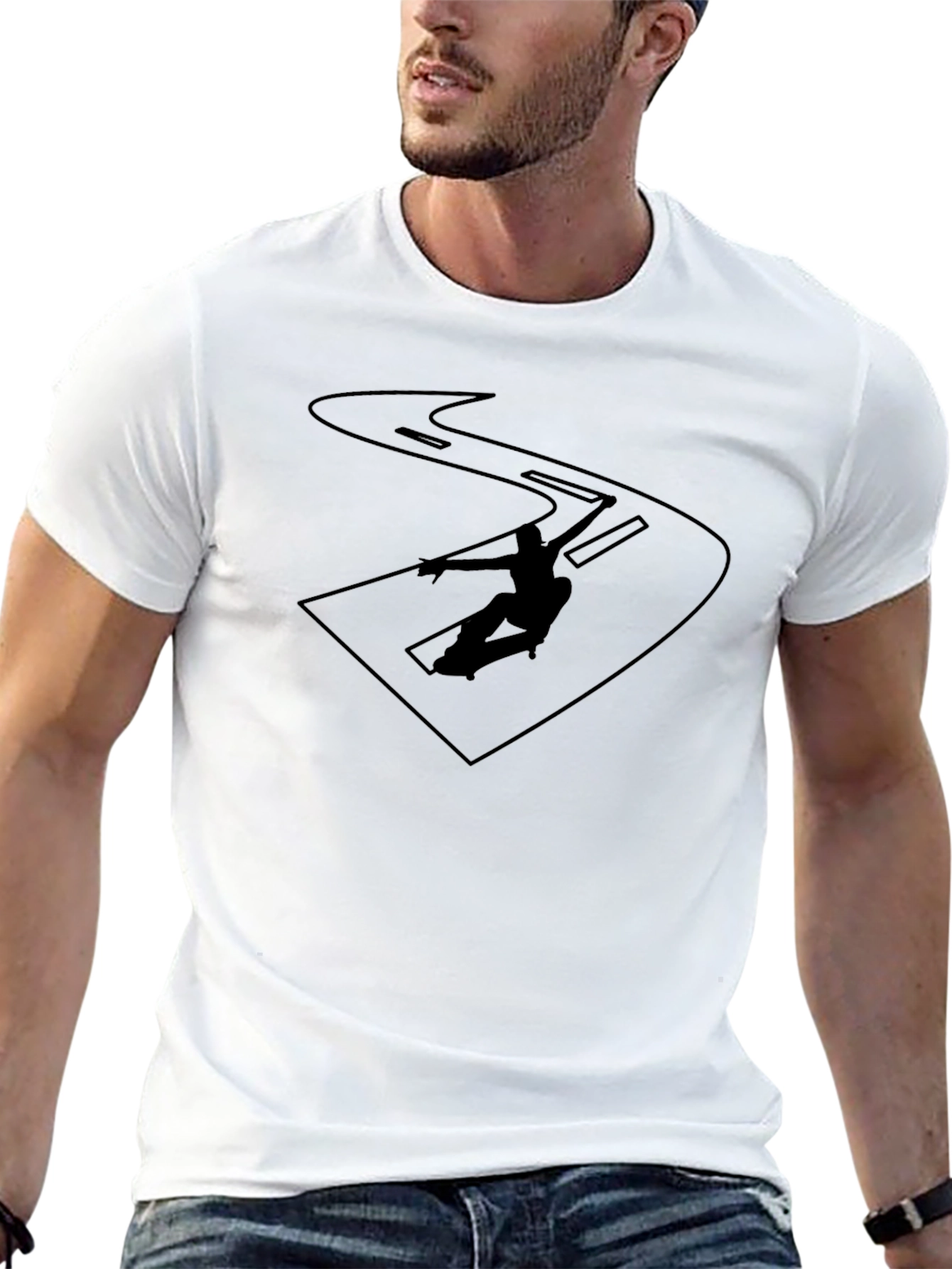 Black Graphic Tee - Skateboarder on the Road