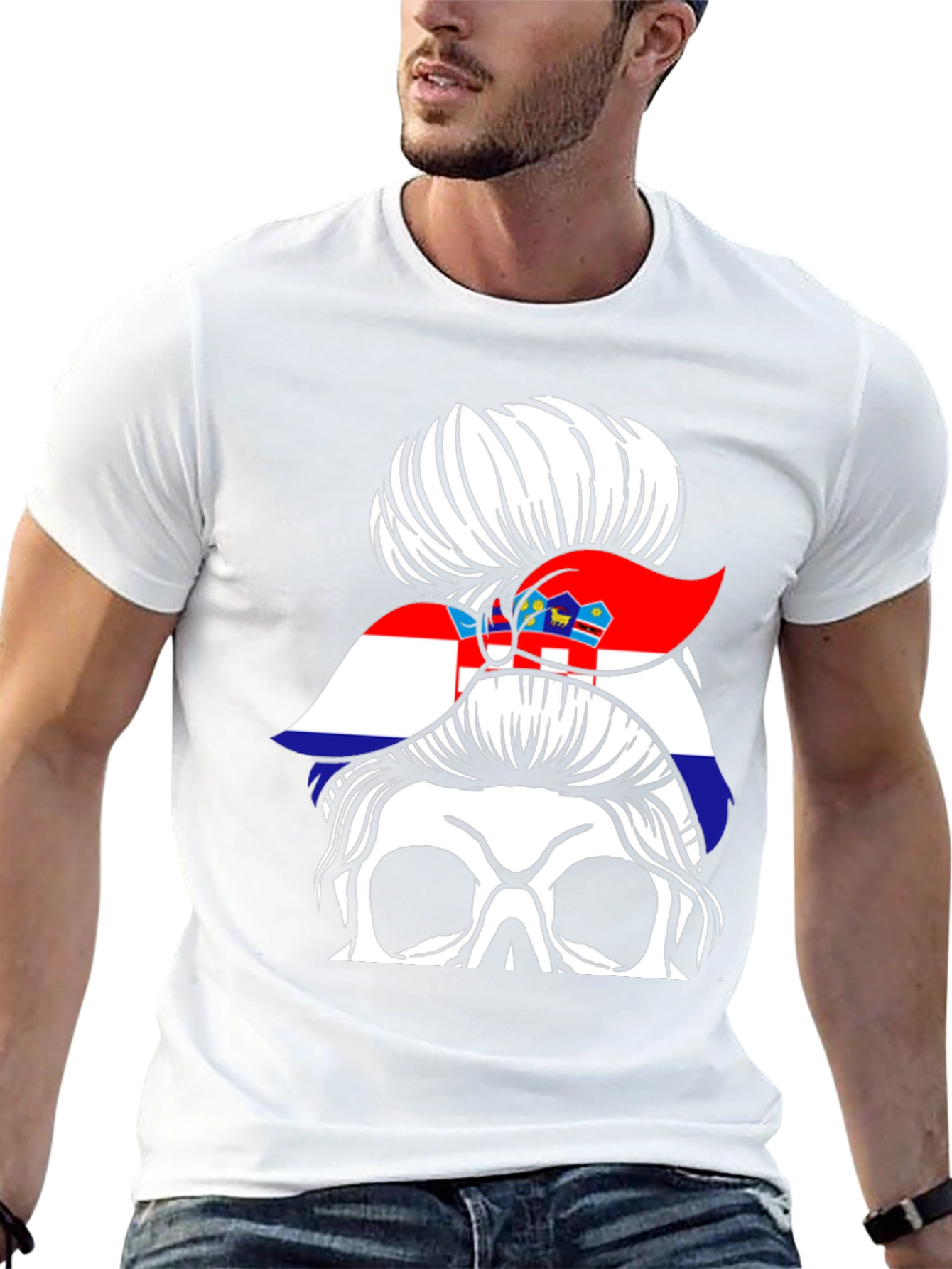 Croatian Flag Messy Bun Skull T-Shirt