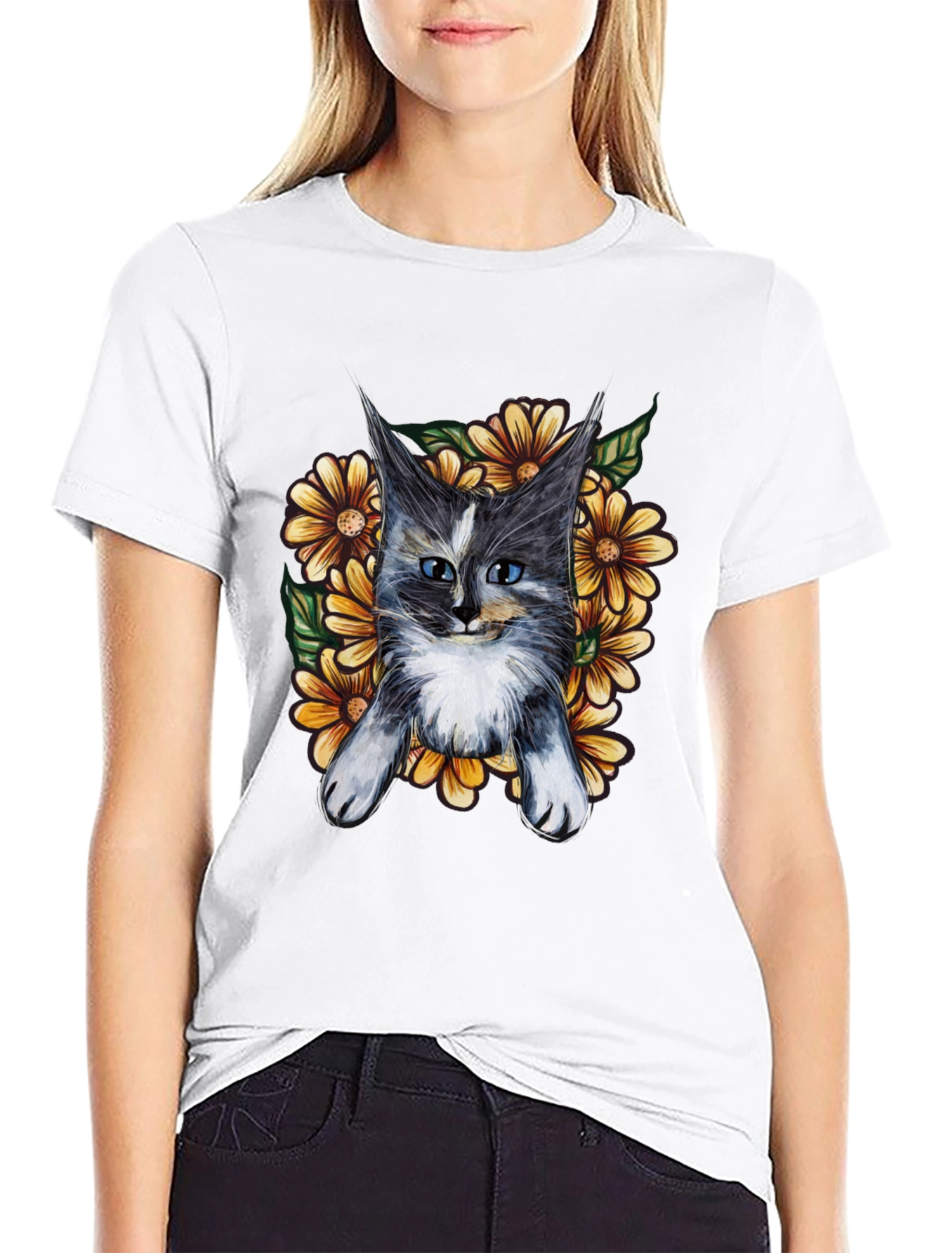 Cat and Sunflower Graphic T-Shirt