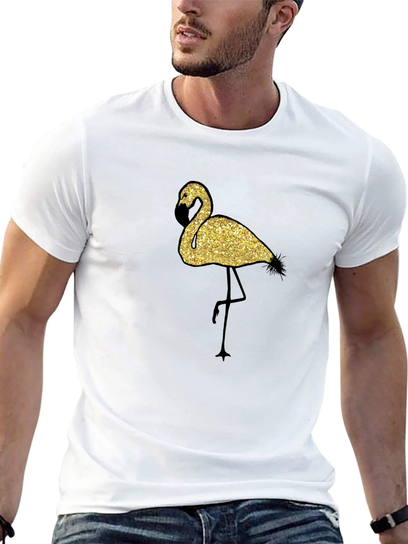 Glitter Flamingo Graphic Black T-Shirt