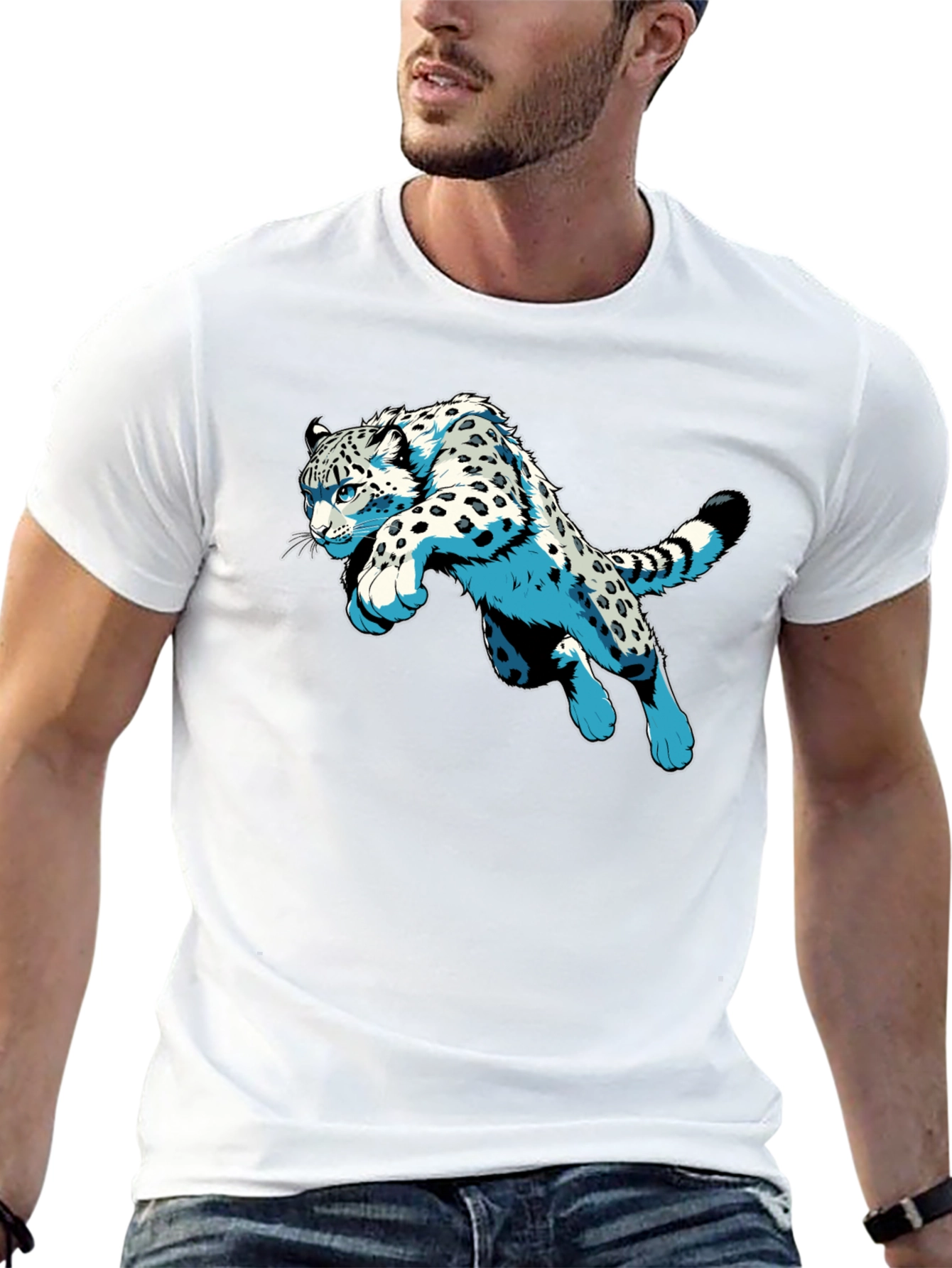 Snow Leopard Graphic Print Black T-Shirt