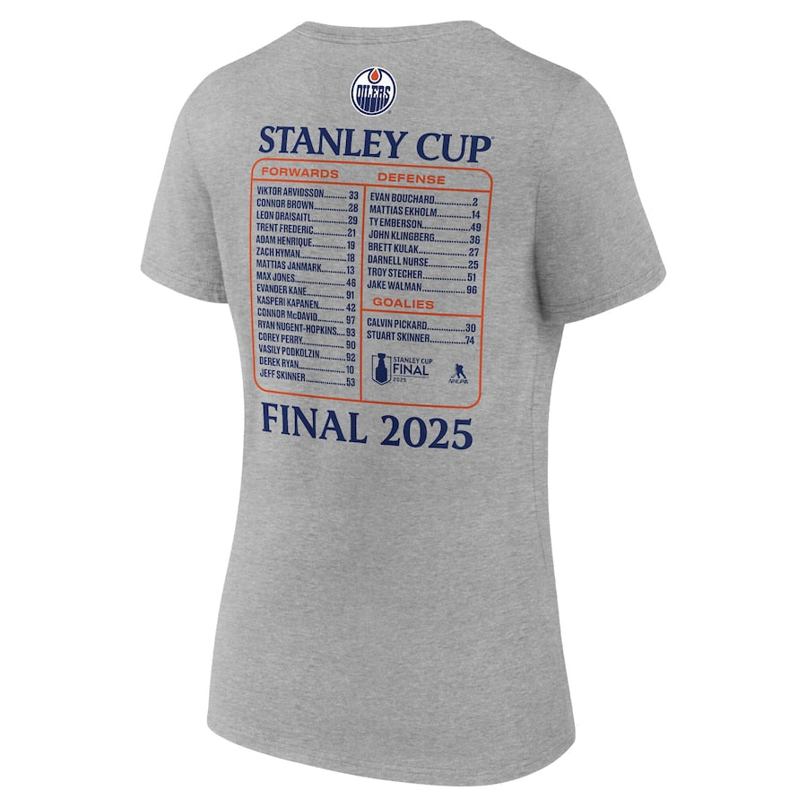 Women's Edmonton Oilers Fanatics Heather Gray 2025 Stanley Cup Final Roster V-Neck T-Shirt