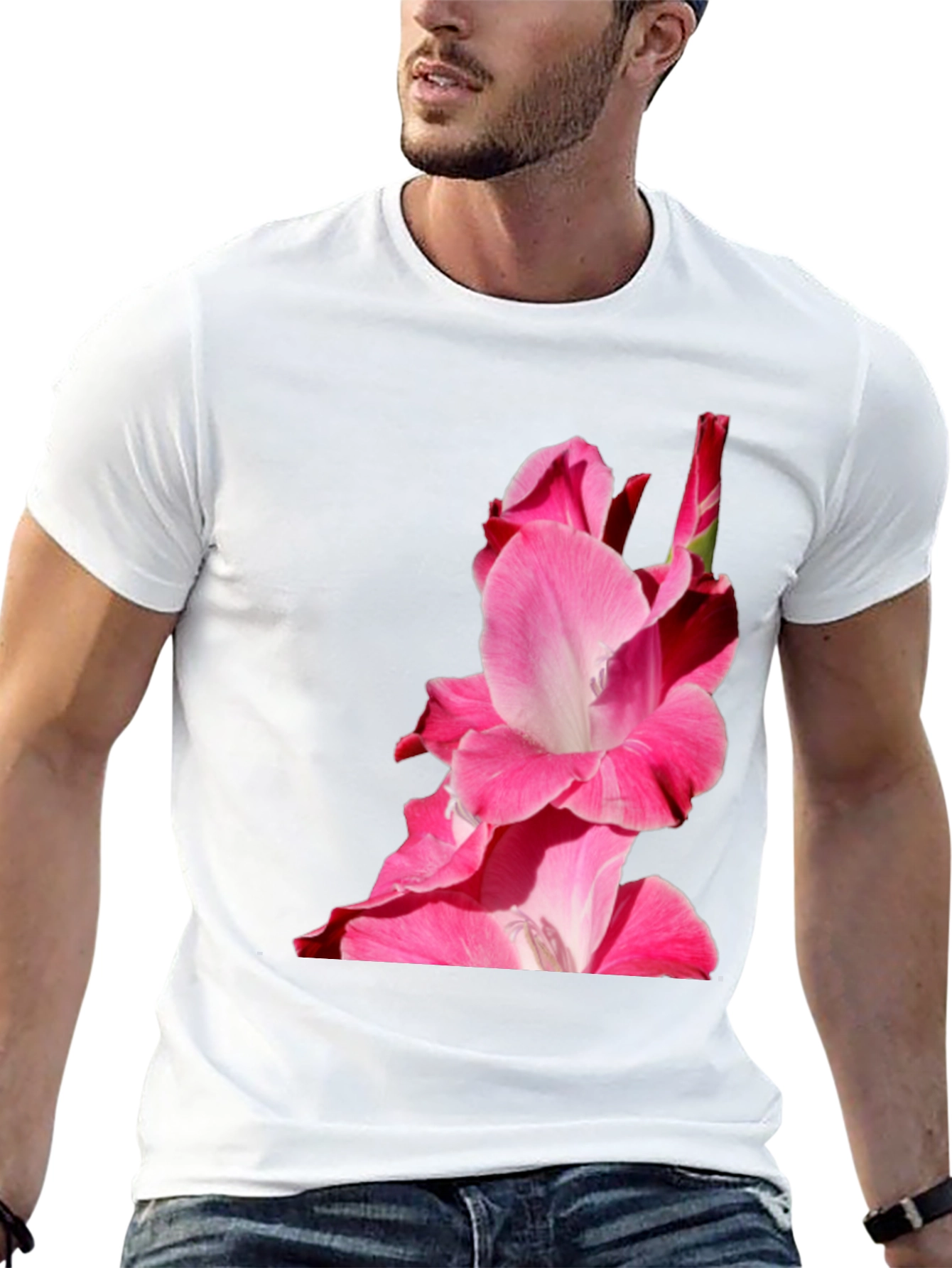 Pink Floral Print Black Tee