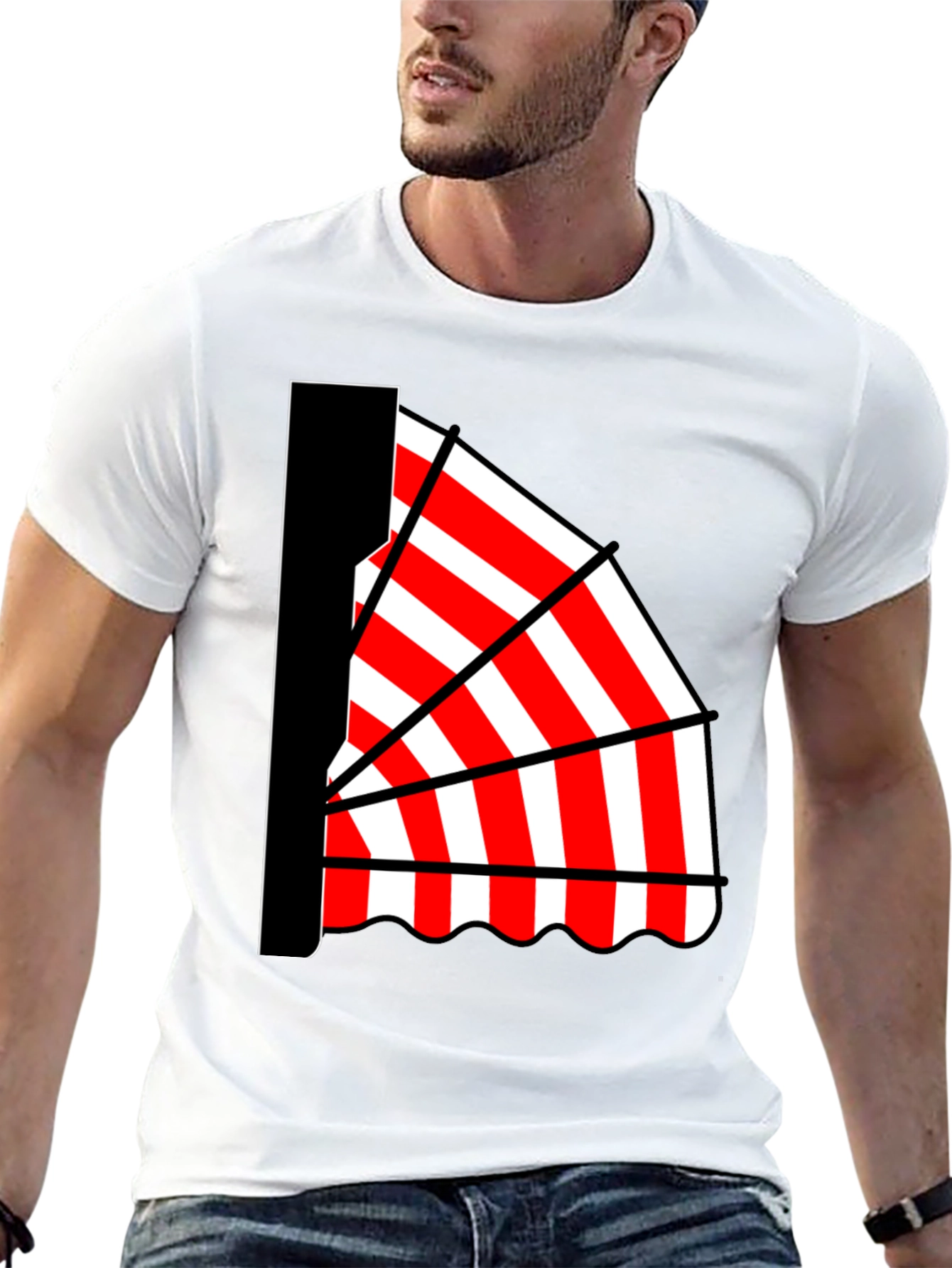 Striped Awning Graphic Tee - Novelty Design Casual Wear