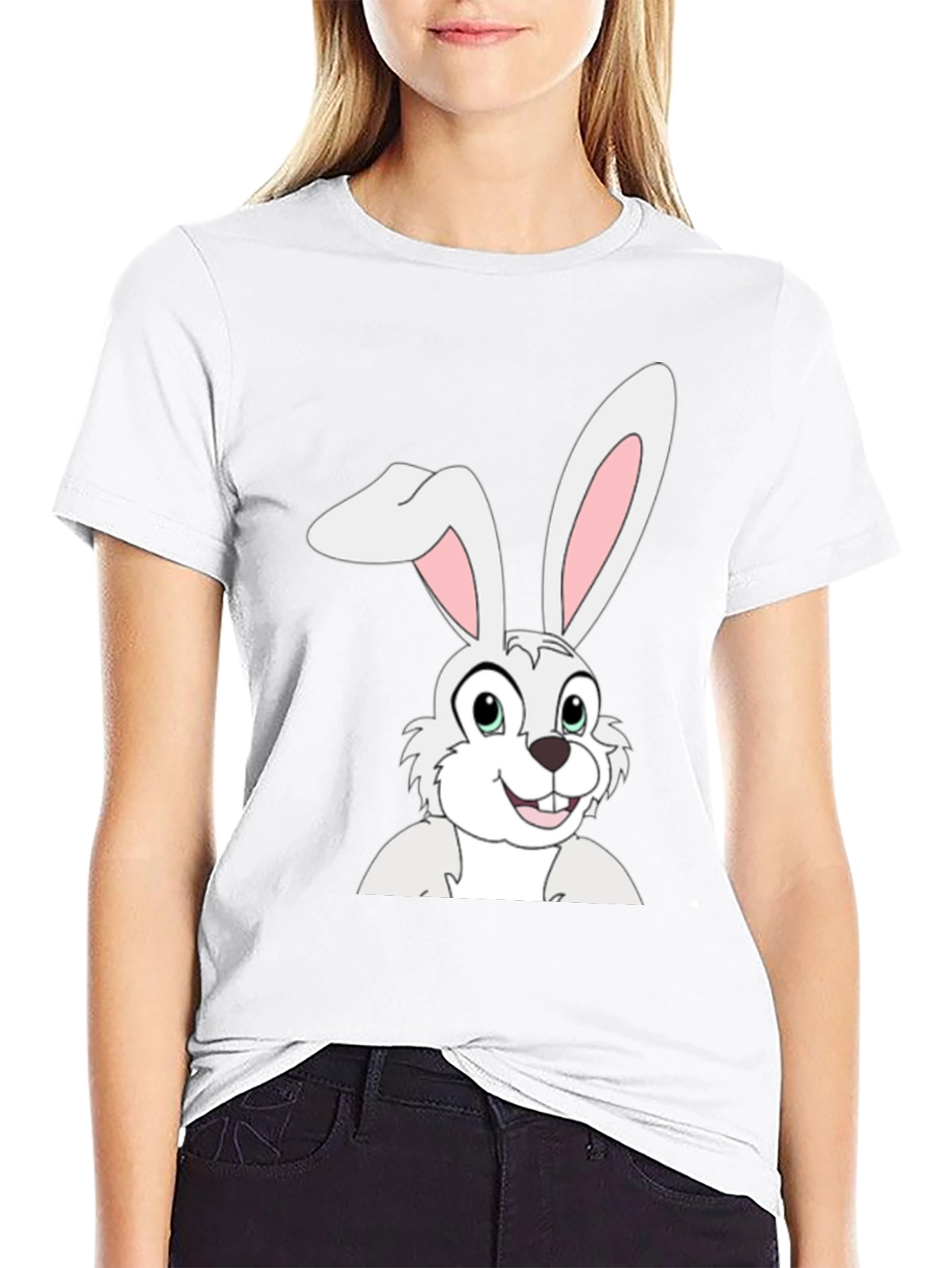 Cartoon Bunny Graphic Tee - Black Cotton T-Shirt