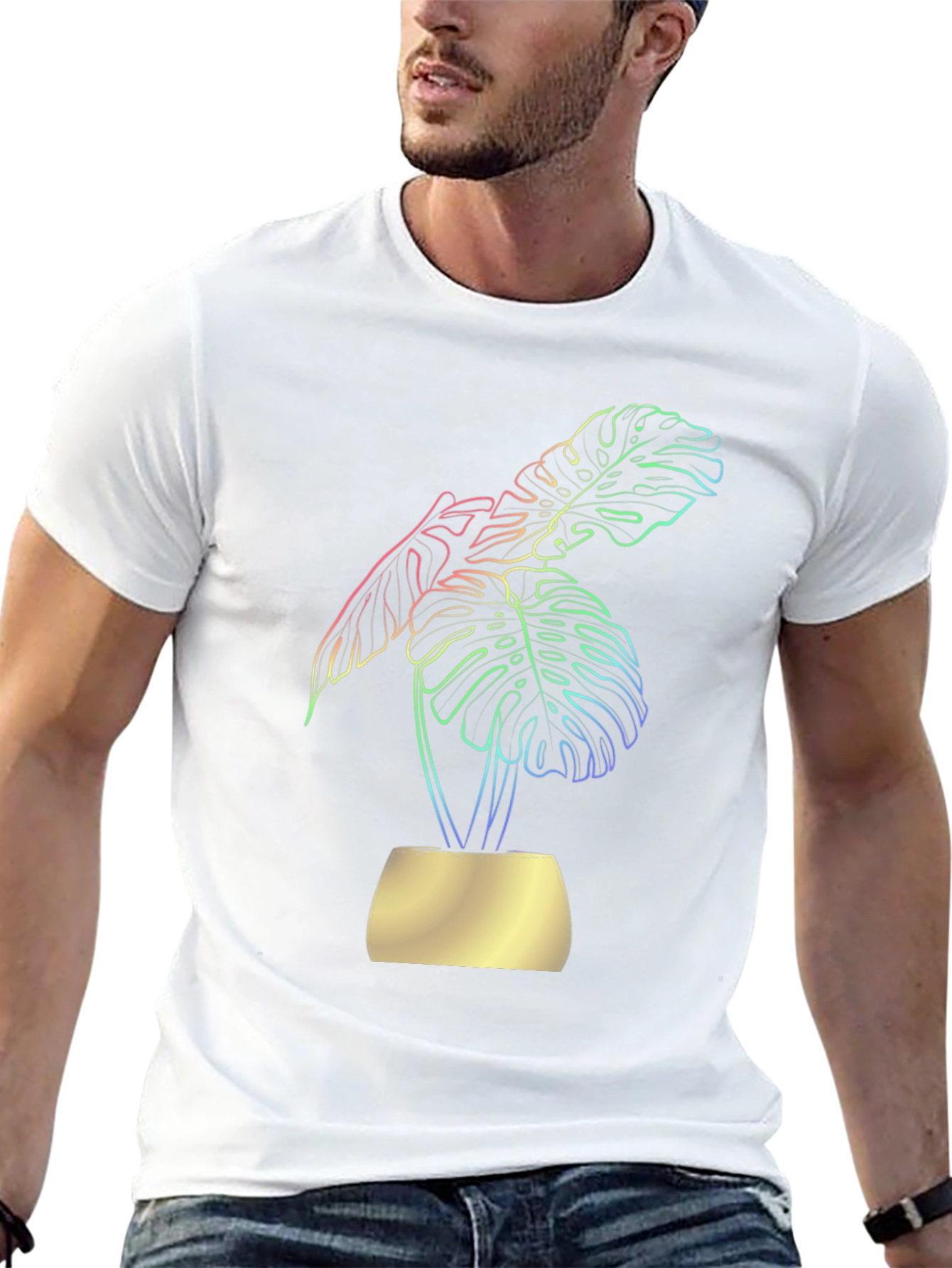 Stylish Black T-Shirt with Vibrant Monstera Leaf Design
