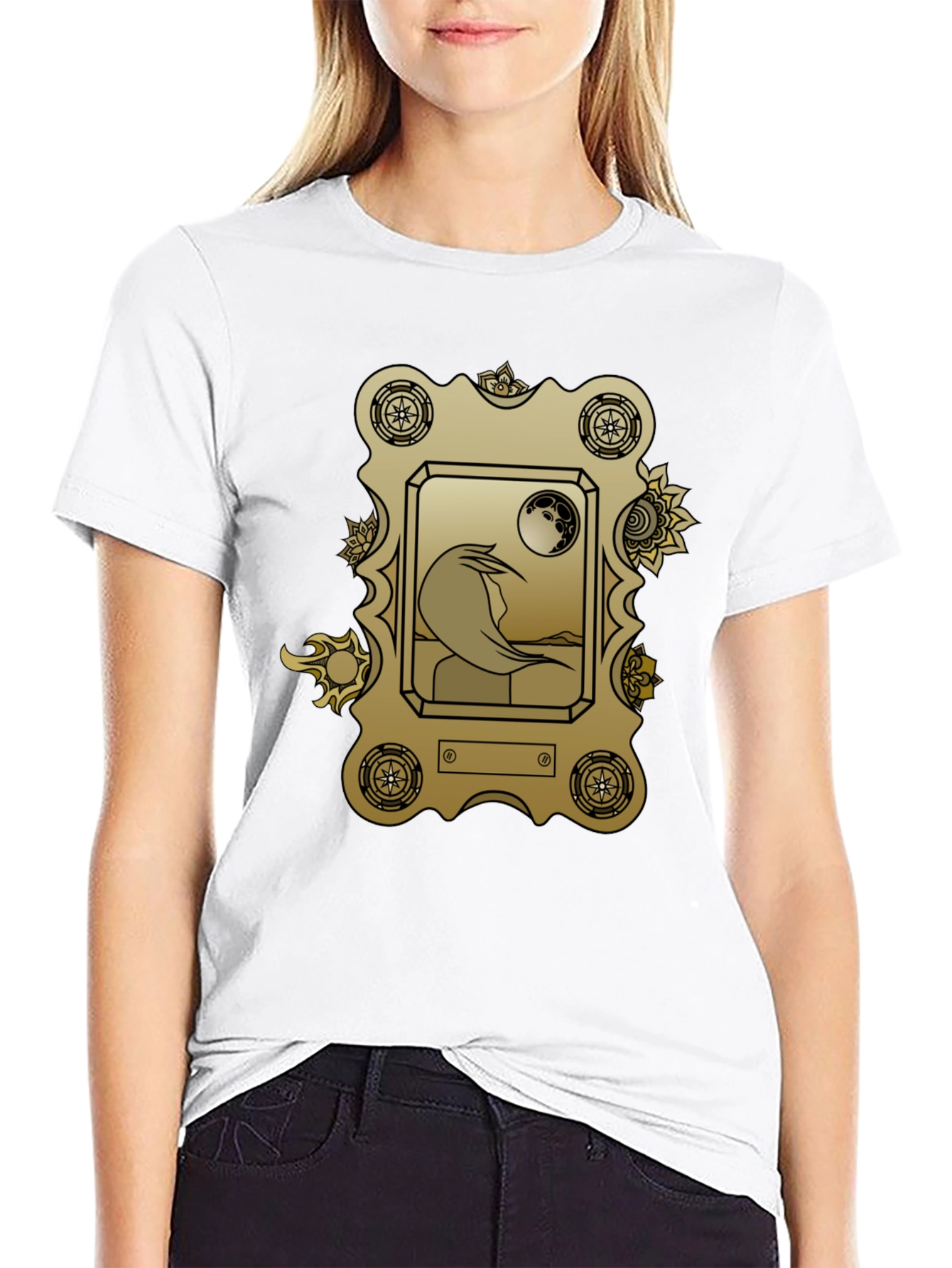 Golden Framed Woman & Moon Black Tee