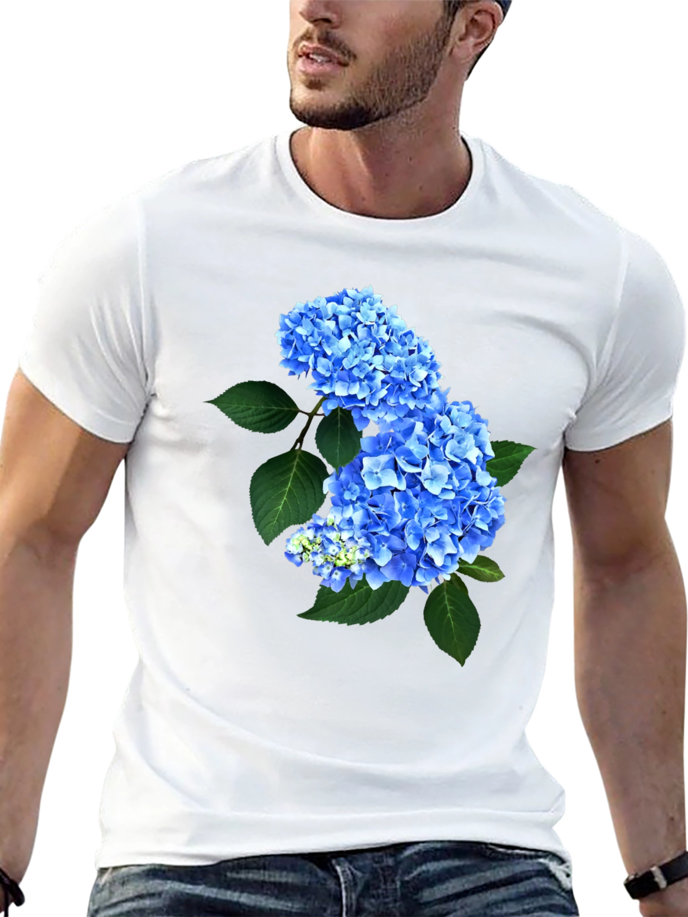 Blue Hydrangea Floral Print Black T-Shirt