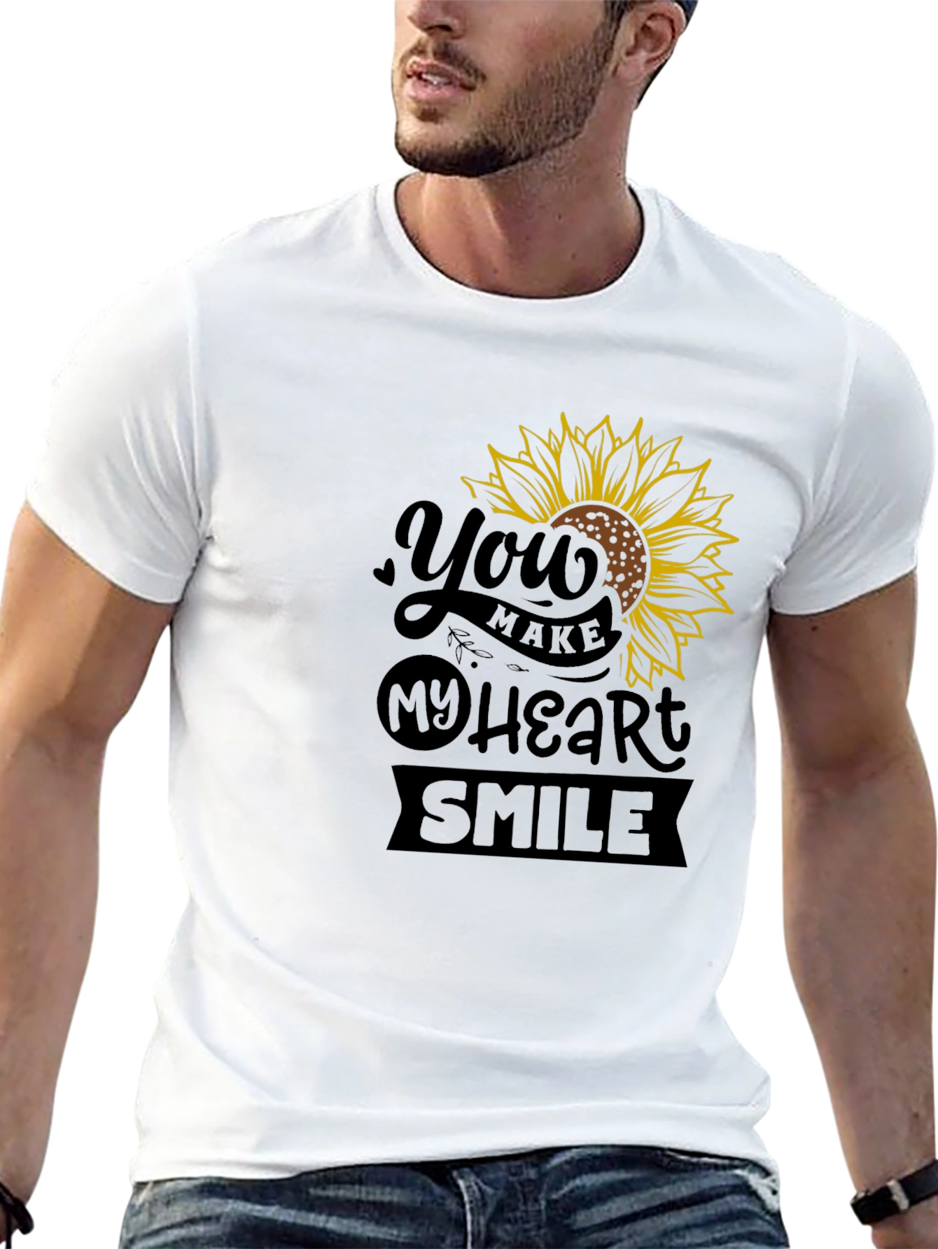 Sunflower Heart Smile Graphic Black T-Shirt
