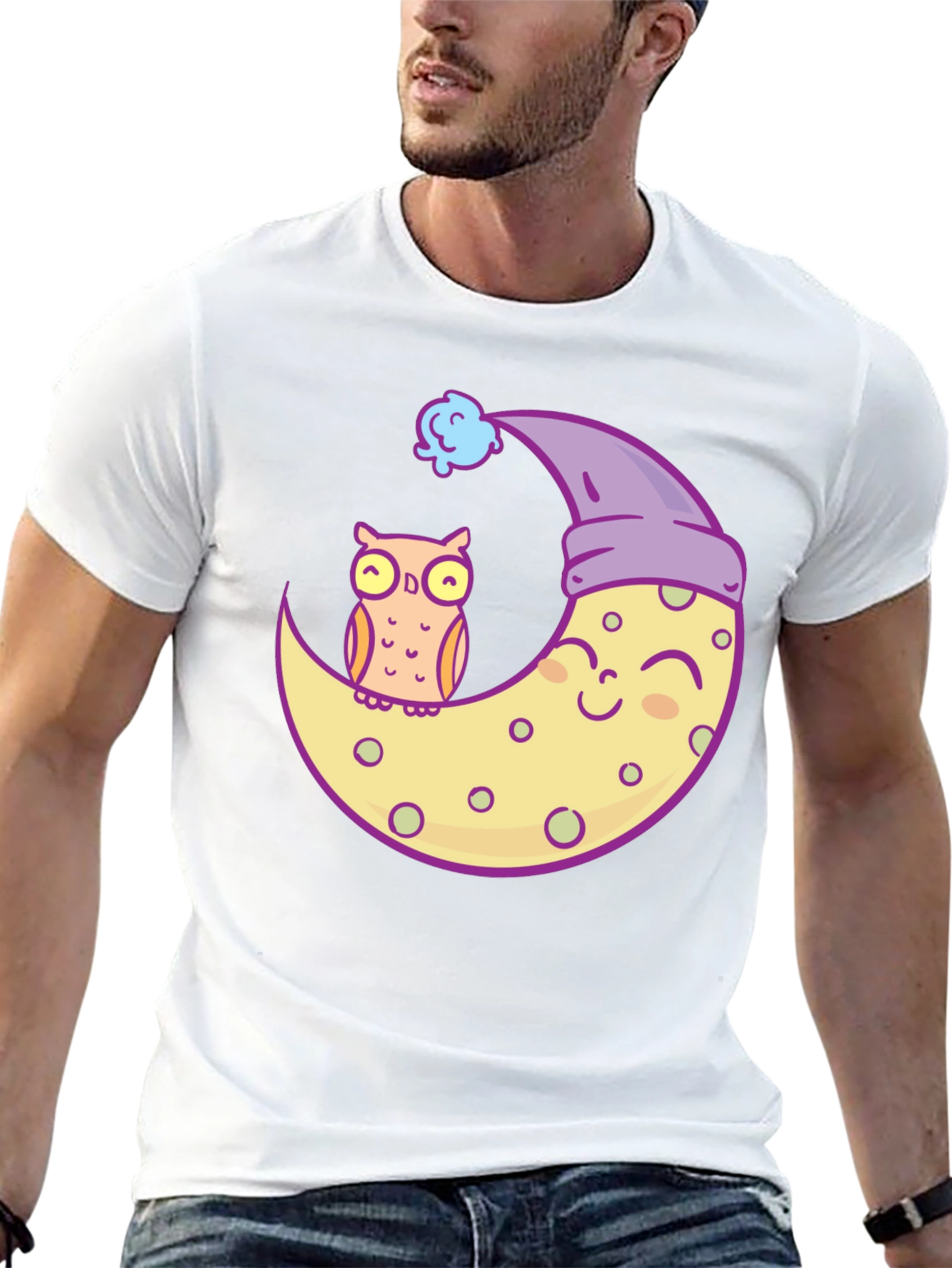 Owl and Moon Graphic Tee - Black Cotton T-Shirt