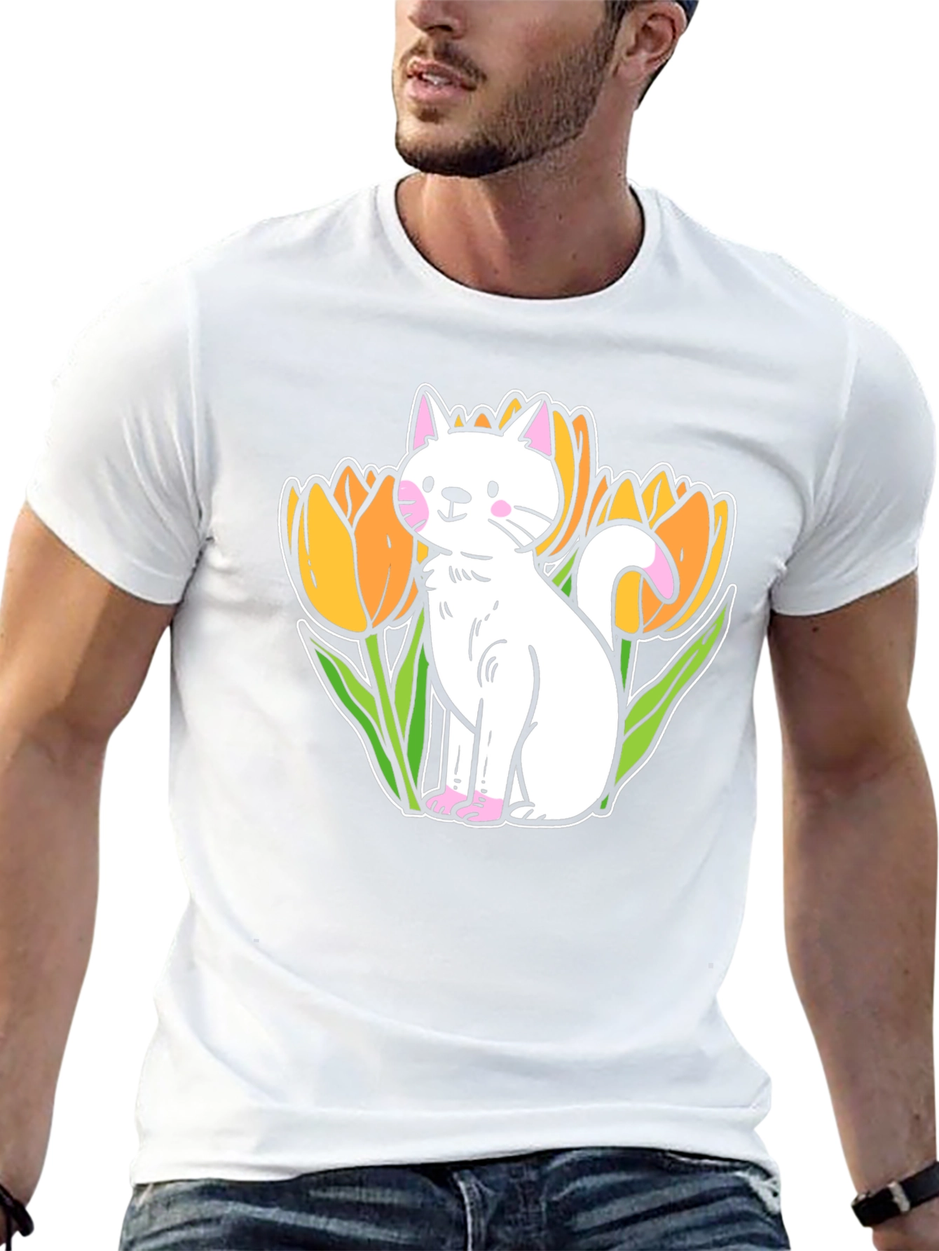 Cute Cat & Tulips Graphic T-Shirt