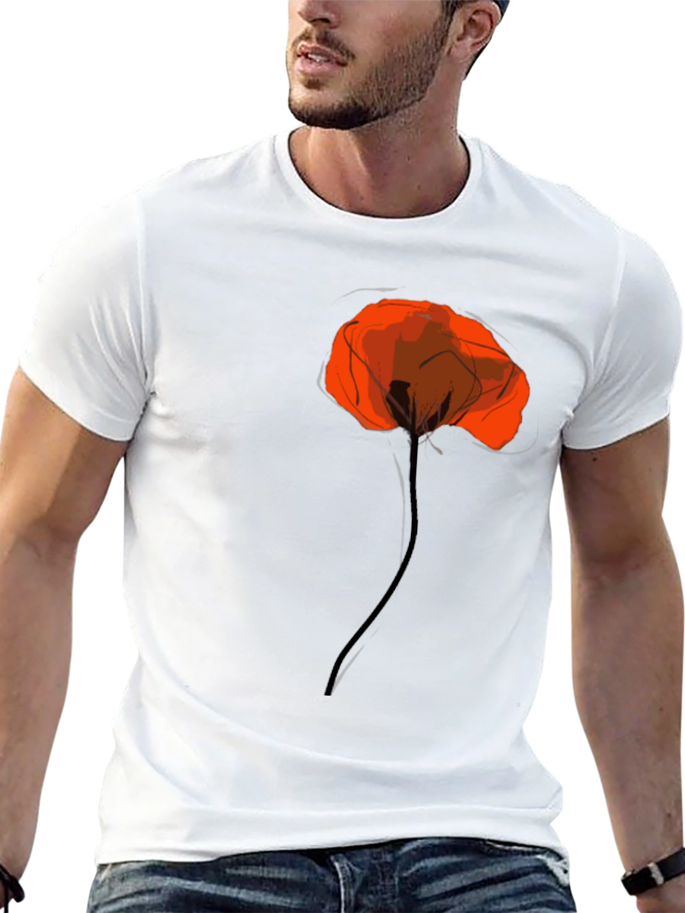 Black Tee with Artistic Red Poppy Design