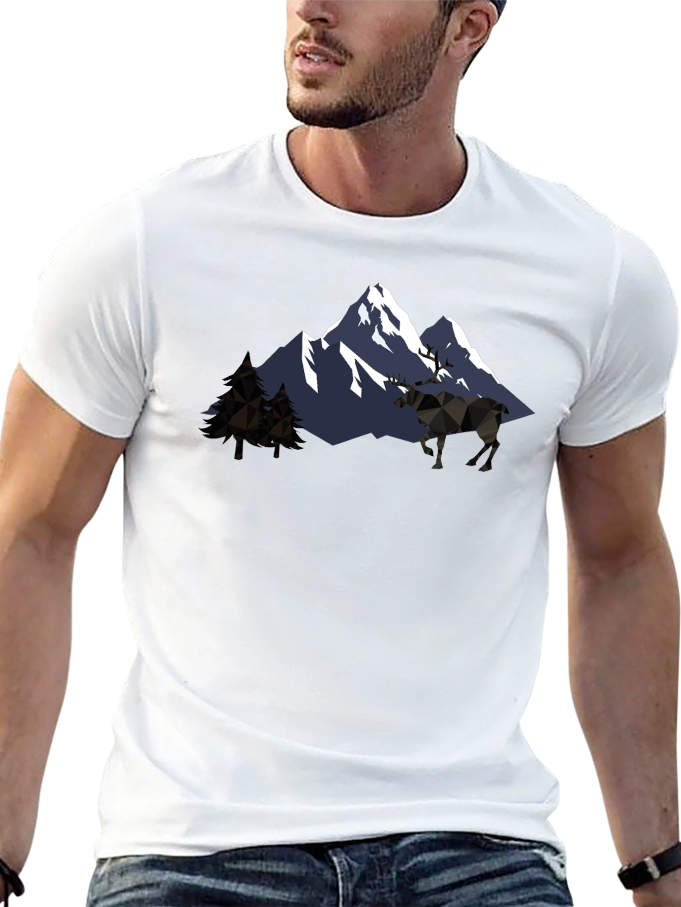 Geometric Mountain & Moose Graphic T-Shirt