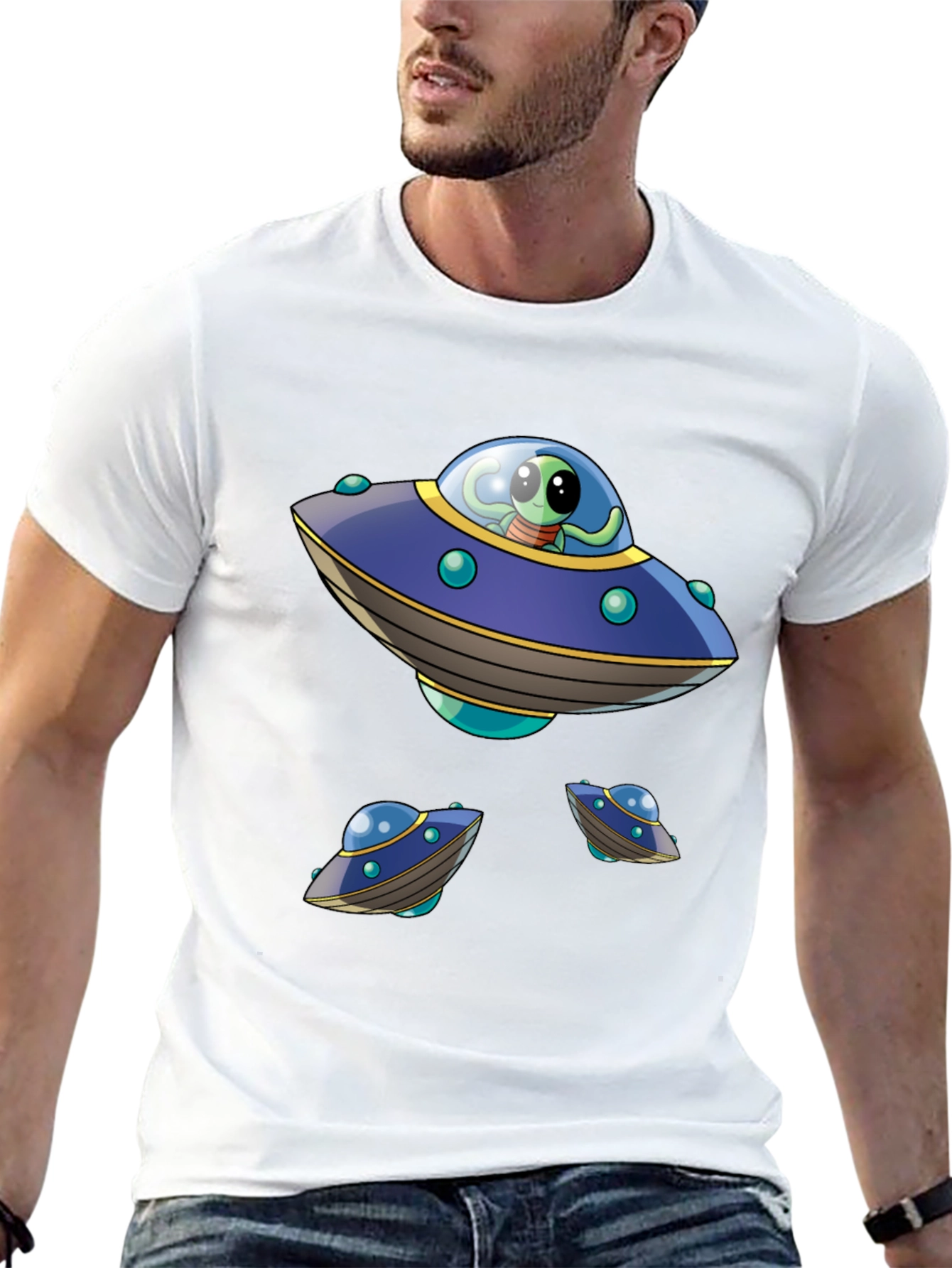 Alien UFO Graphic Print Black T-Shirt