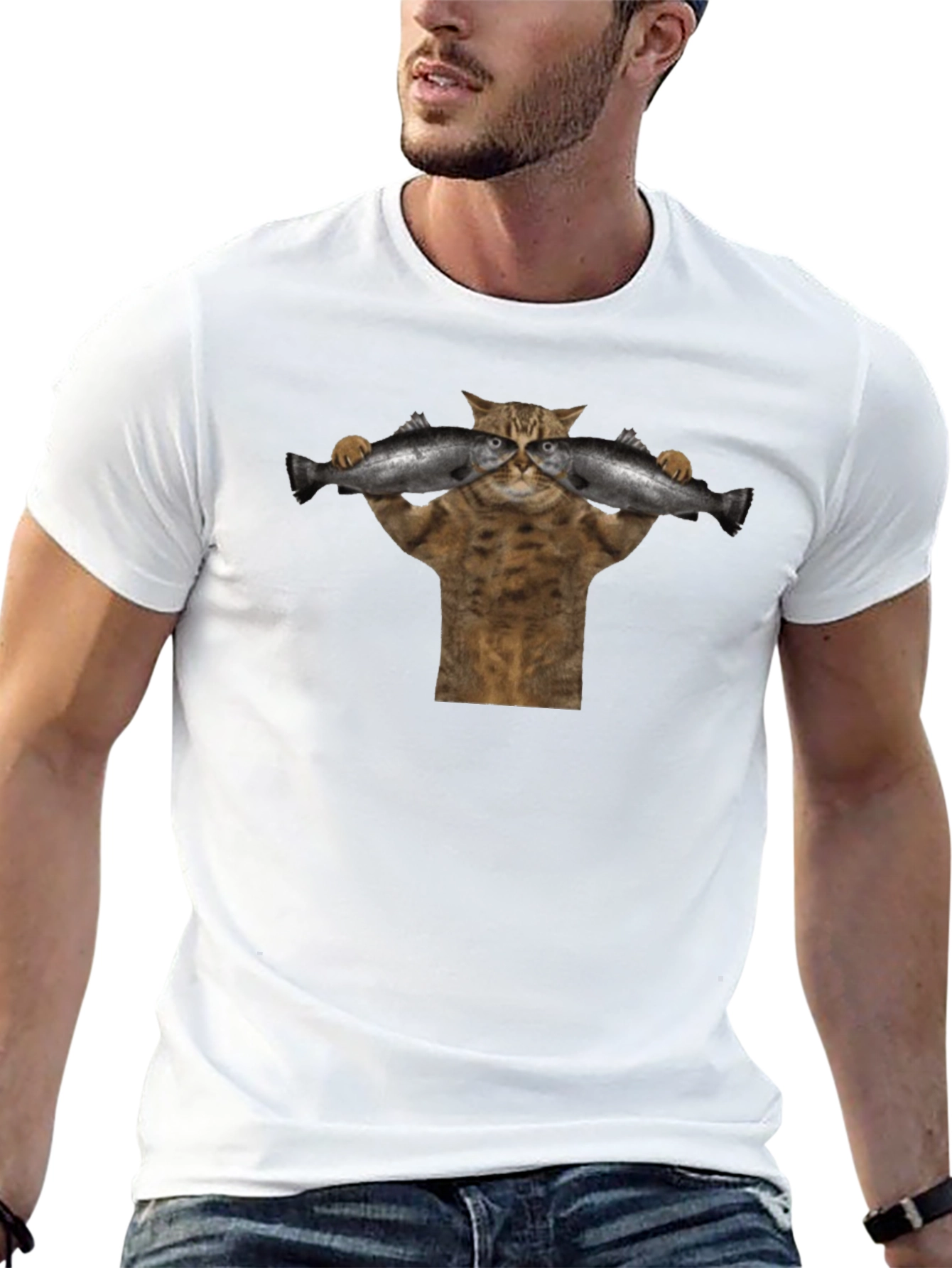 Cat Lifting Fish Black T-Shirt