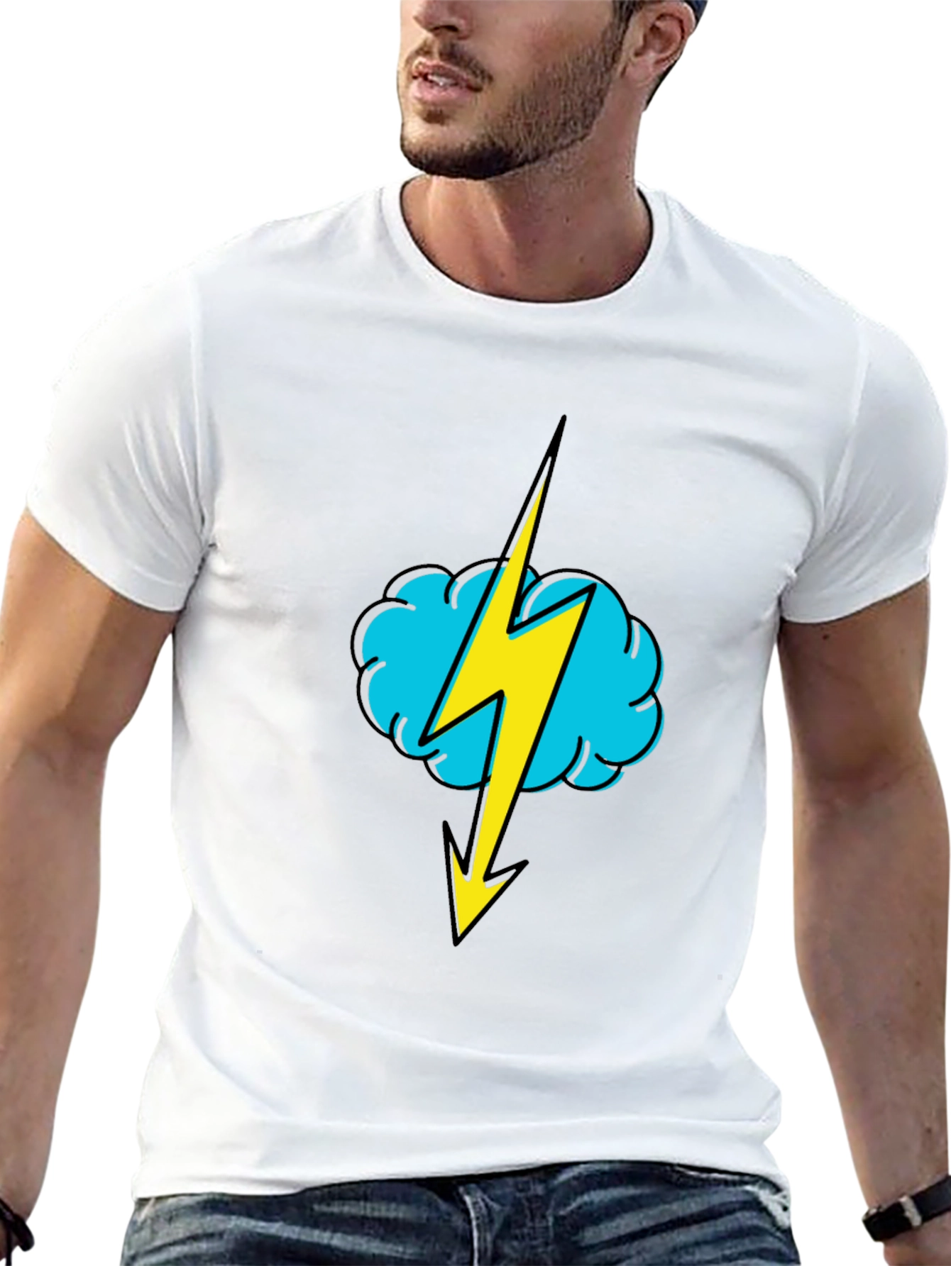 Black T-Shirt with Lightning Cloud Graphic
