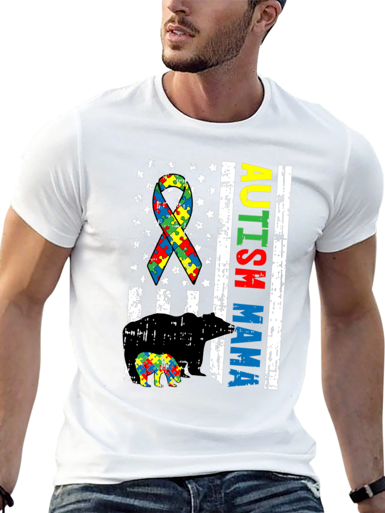 Autism Mama Bear T-Shirt Puzzle Ribbon Tee