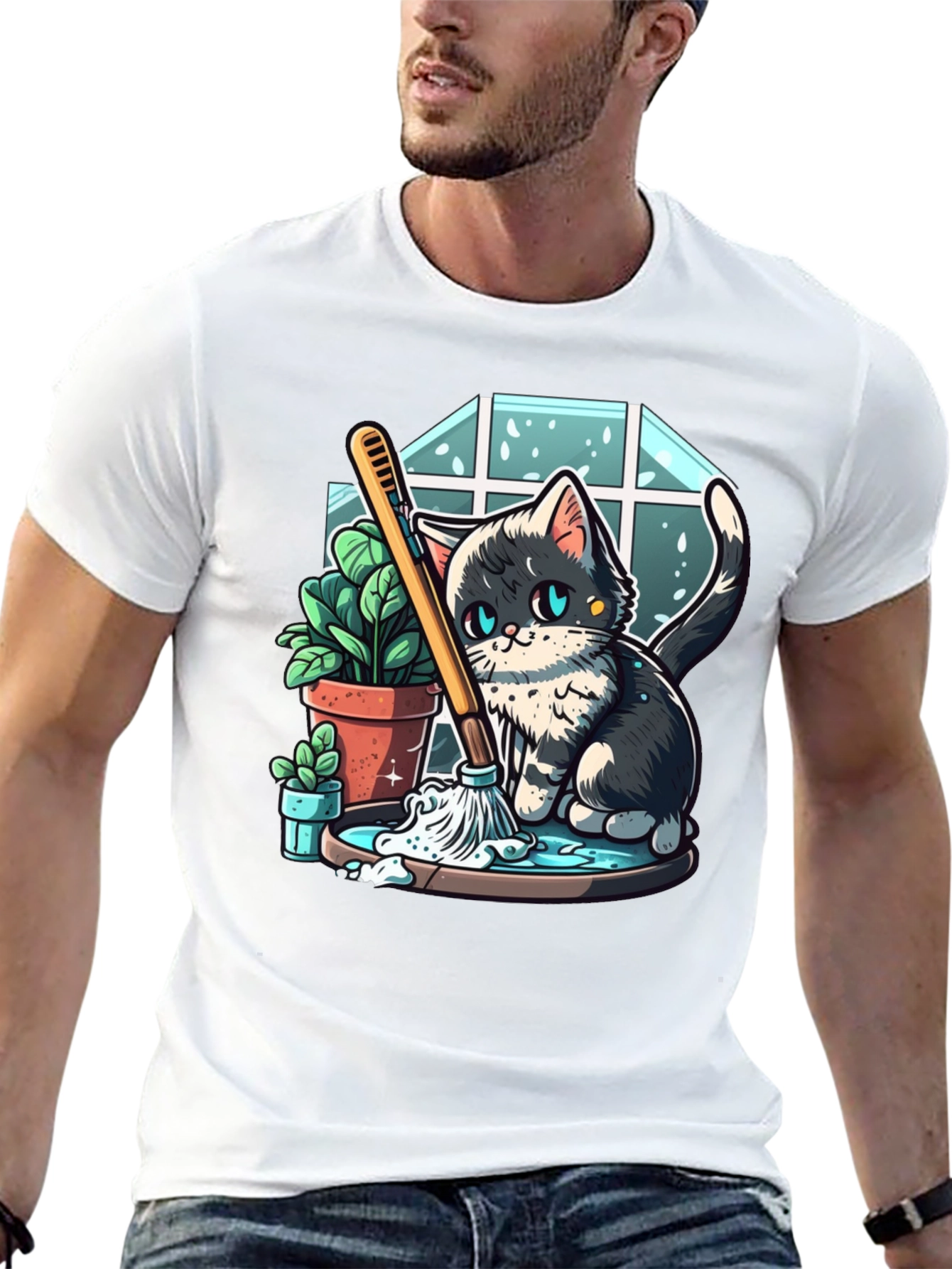 Cute Cartoon Cat Cleaning T-Shirt