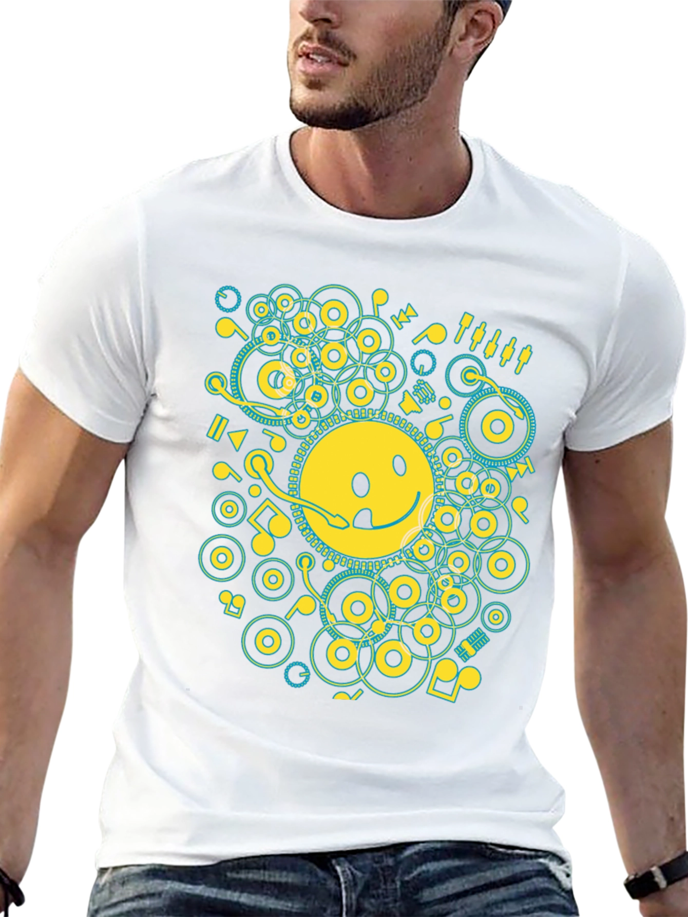 Smiley Face Music Graphic T-Shirt - Casual Black Tee