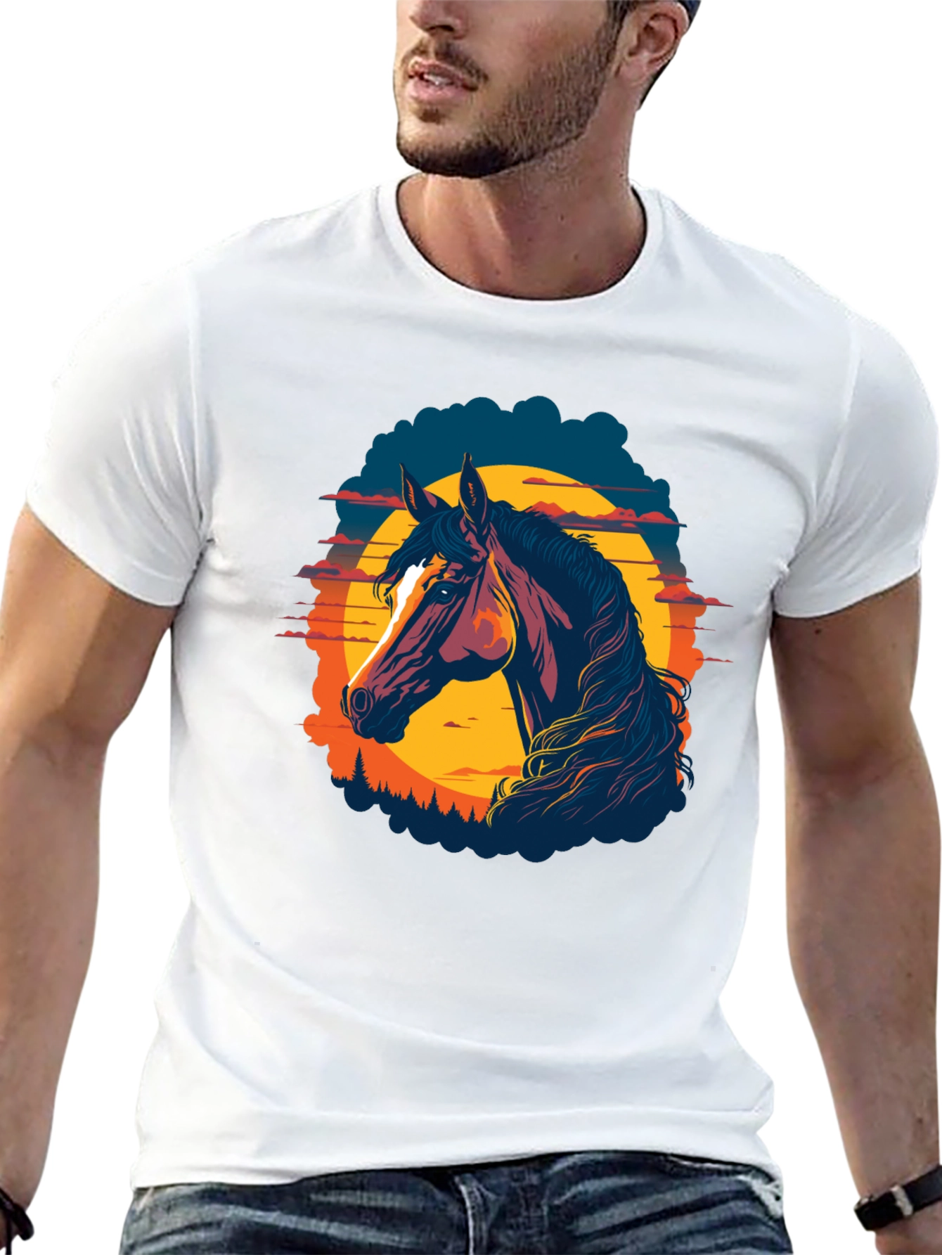 Horse Sunset Graphic Tee - Black Cotton Blend