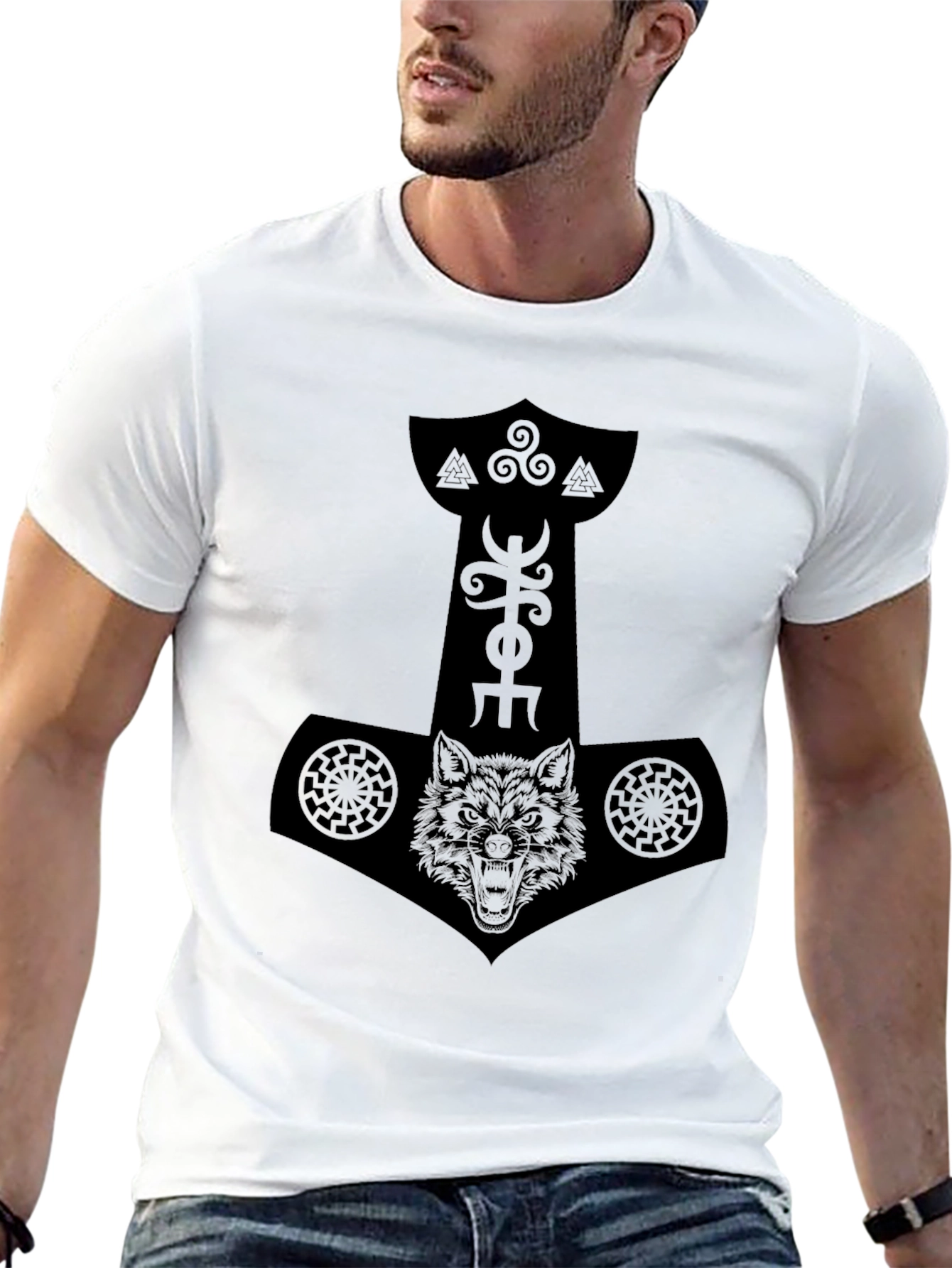Black Norse Mythology Wolf Mjolnir Graphic Tee