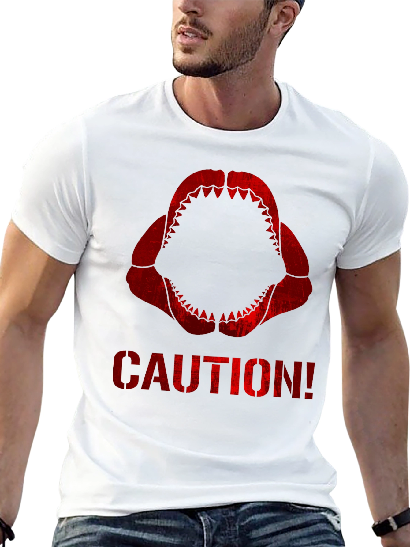 Caution Shark Teeth Graphic Tee - Black Cotton T-Shirt