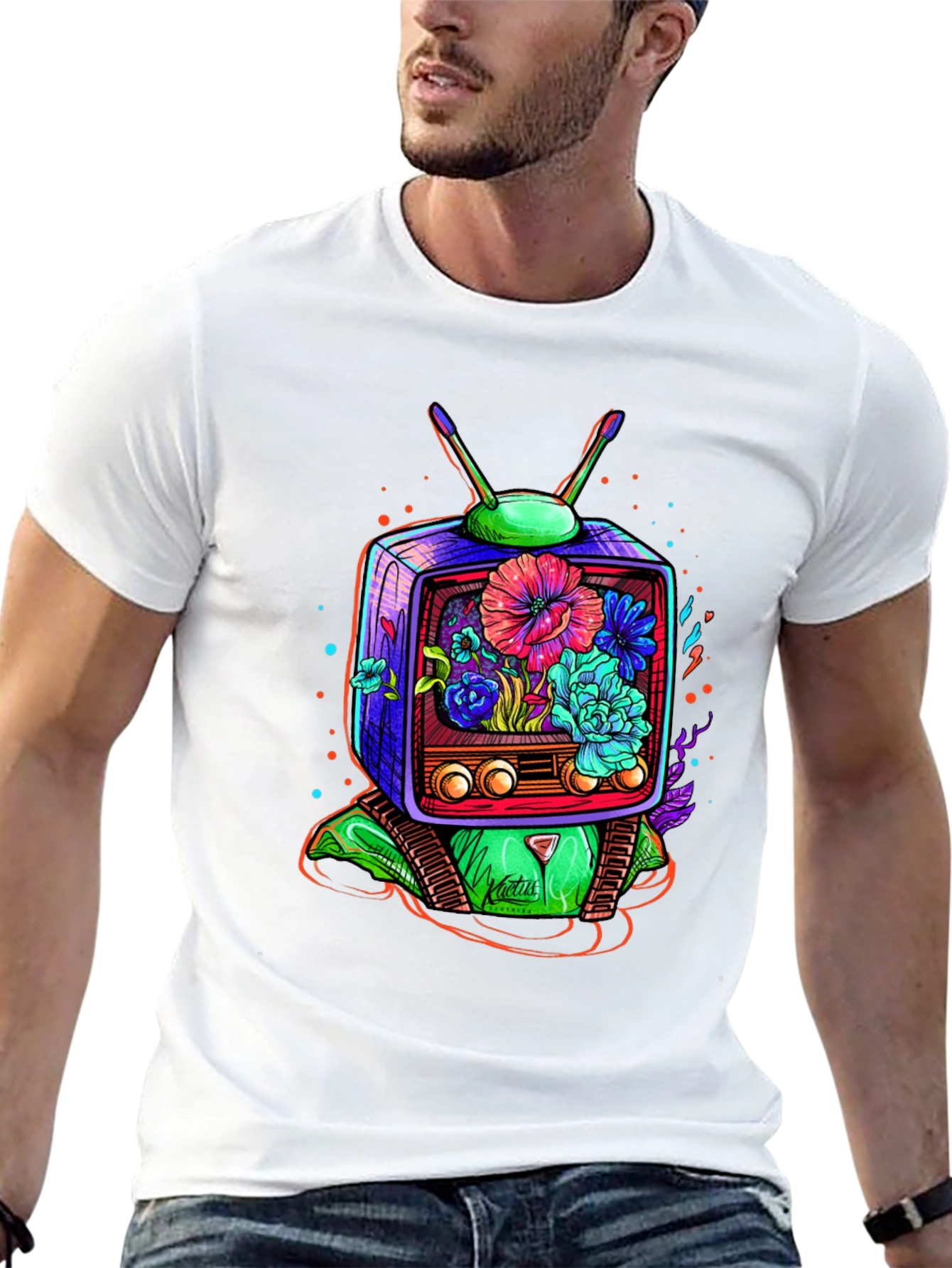 Retro TV Floral Graphic T-Shirt - Black