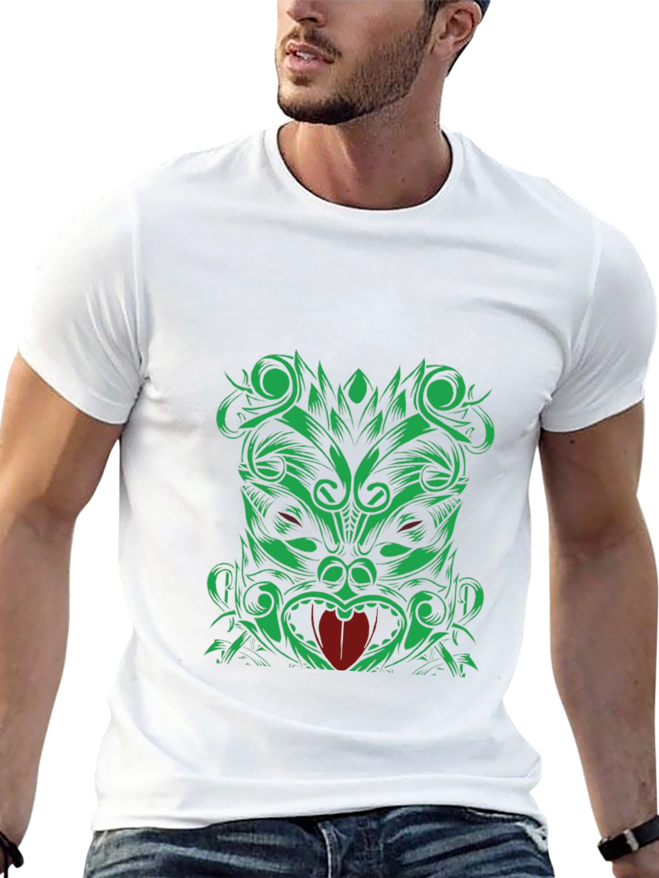 Green Tiki Graphic Print Black T-Shirt