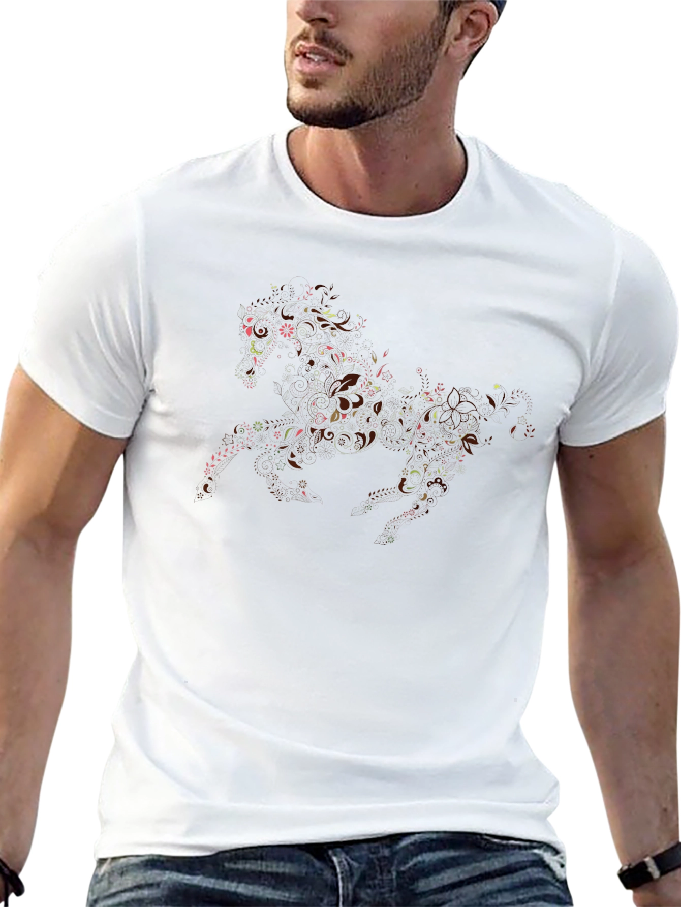 Floral Horse Graphic Black T-Shirt