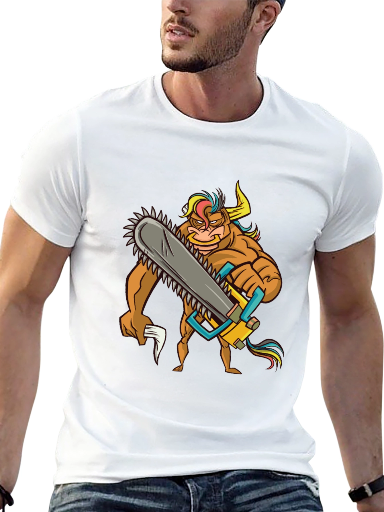 Cartoon Bull with Chainsaw Graphic Tee - Black