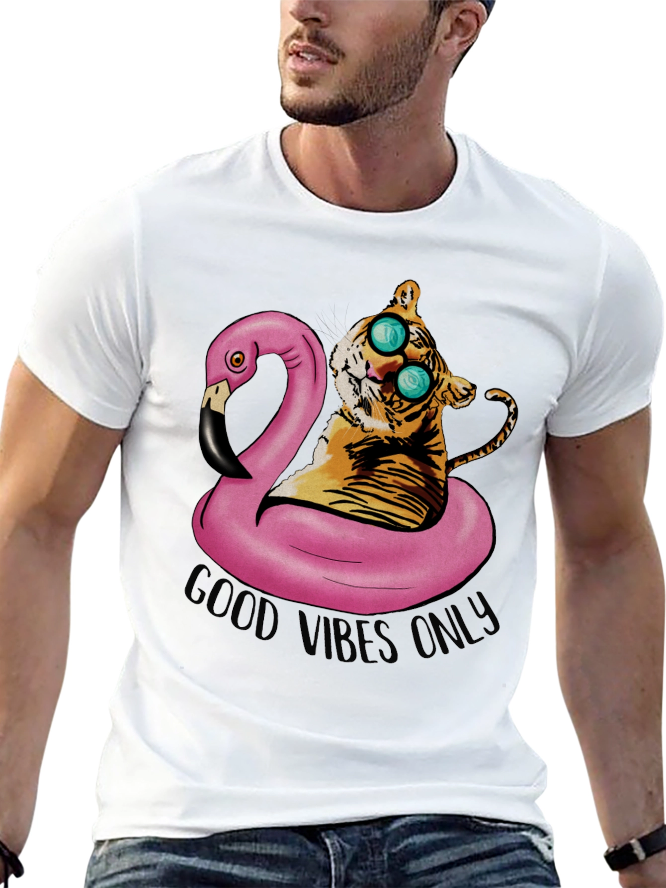 Tiger on Flamingo Float T-Shirt - Good Vibes Only