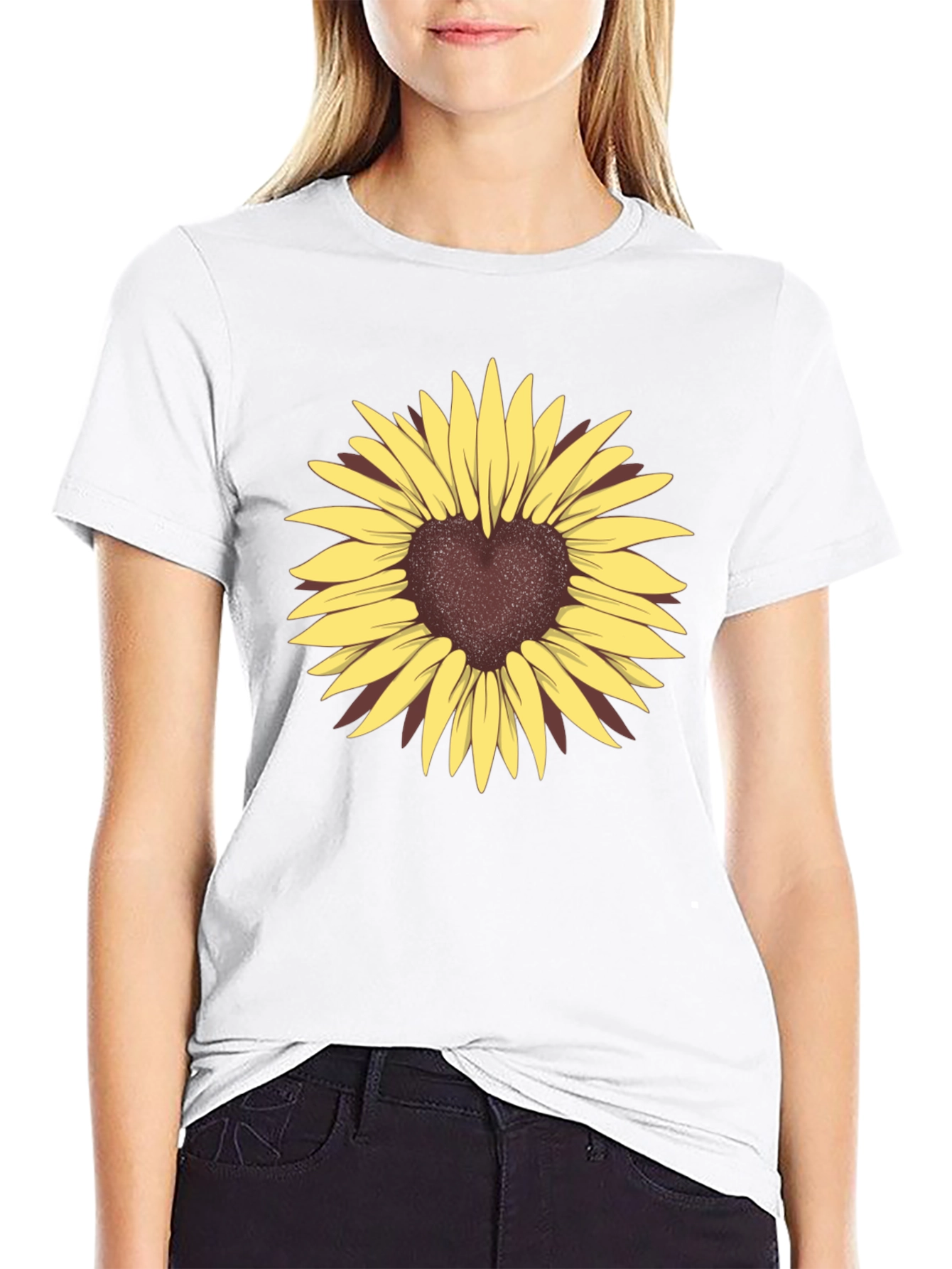 Heart Sunflower Graphic Tee - Black Casual T-Shirt