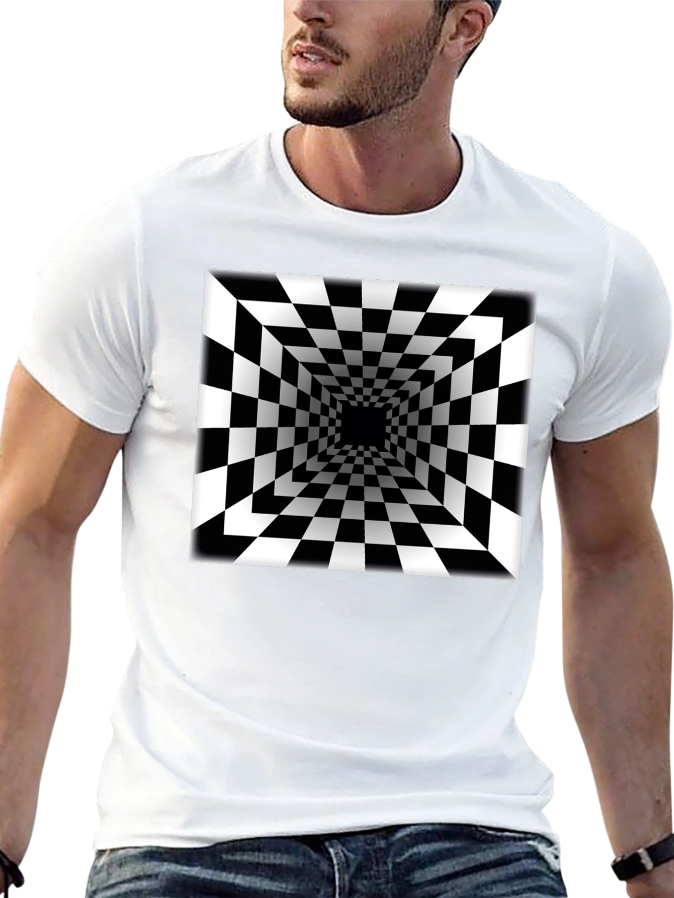 Optical Illusion Checkerboard Tunnel Black T-Shirt