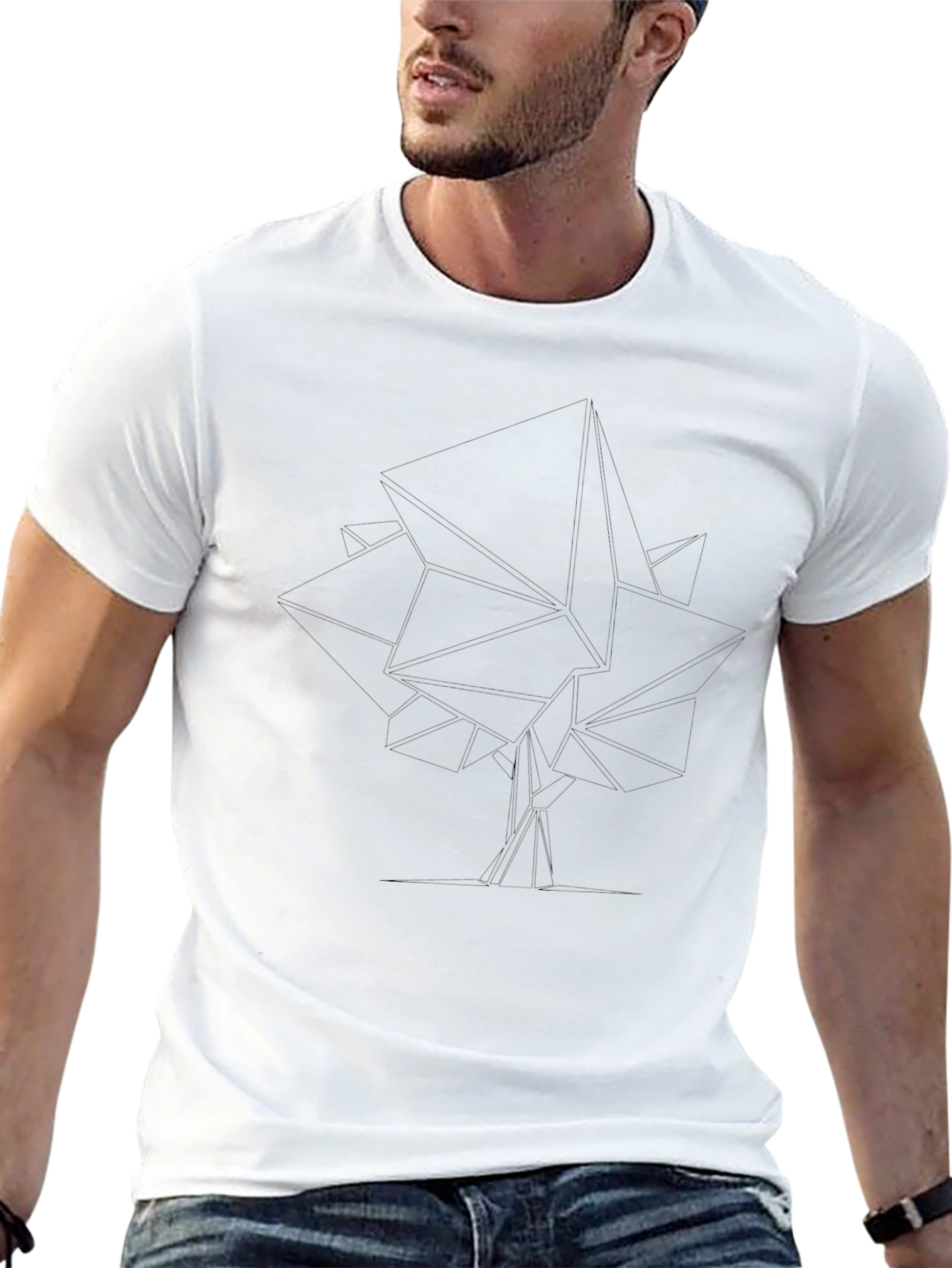 Geometric Tree Line Art Black T-Shirt