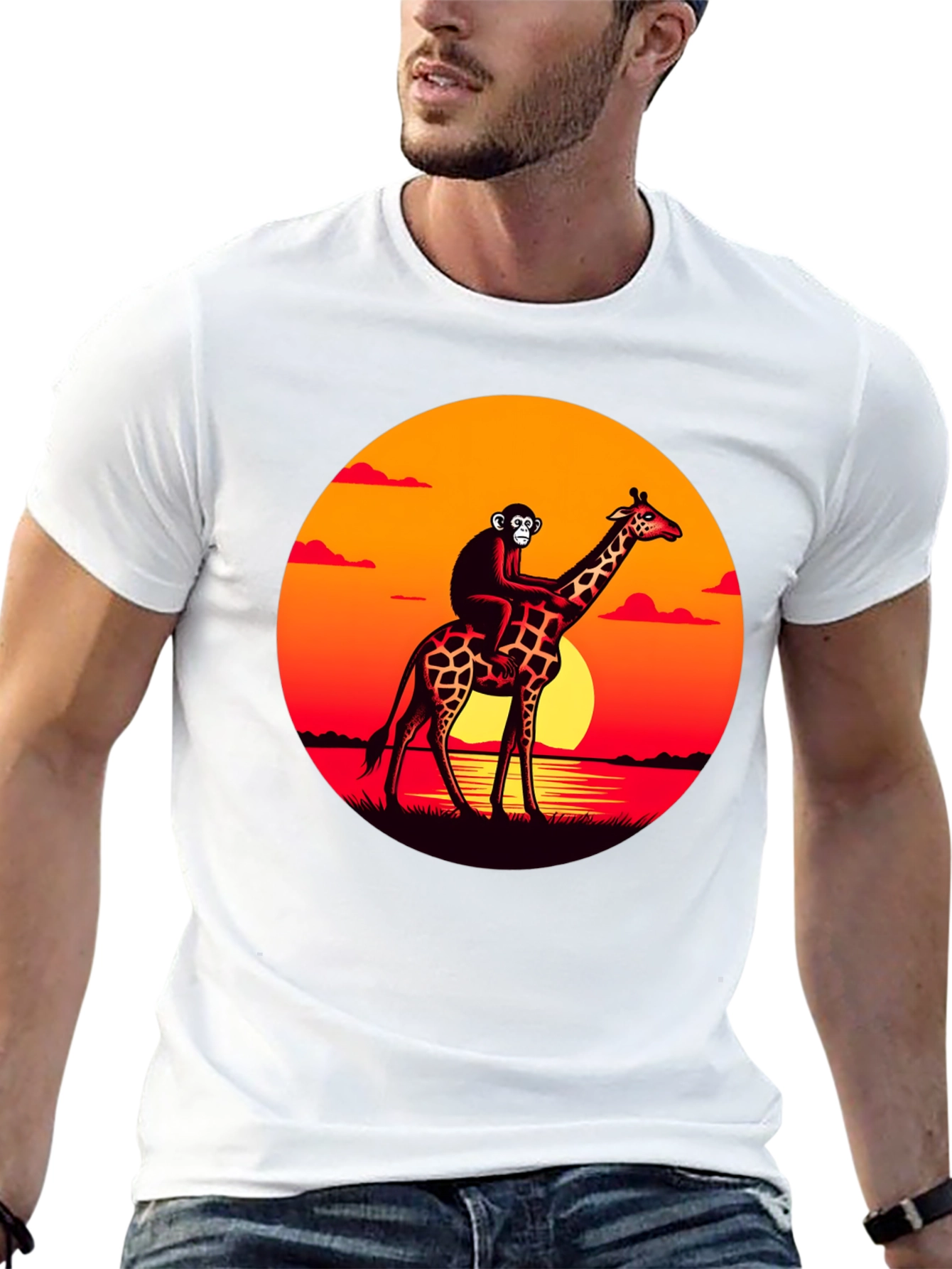 Monkey Riding Giraffe Sunset Graphic Tee